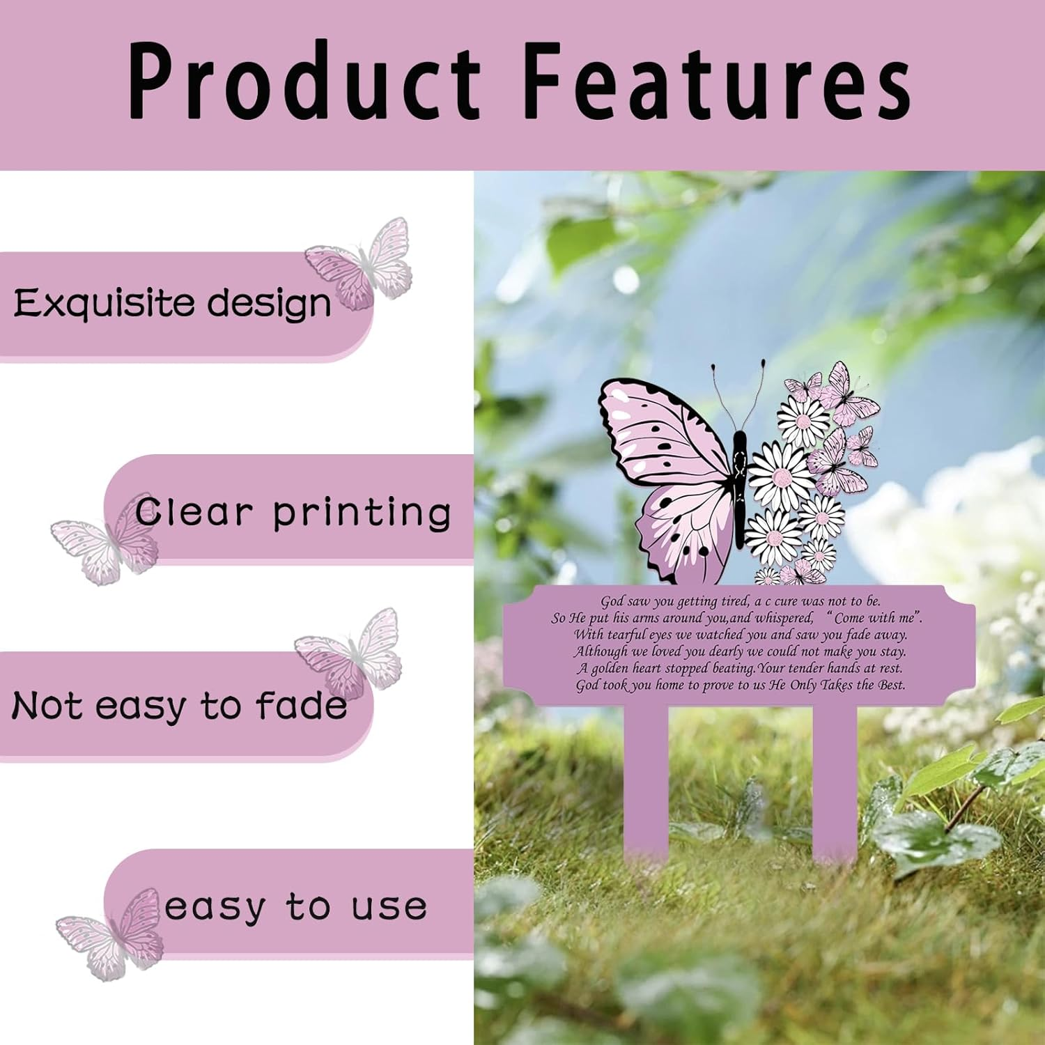 Butterfly Grave Decorations for Cemetery, Waterproof Garden Stake, 10X8 Inches Grave Site Decorations for Cemetery (Purple) image number 2