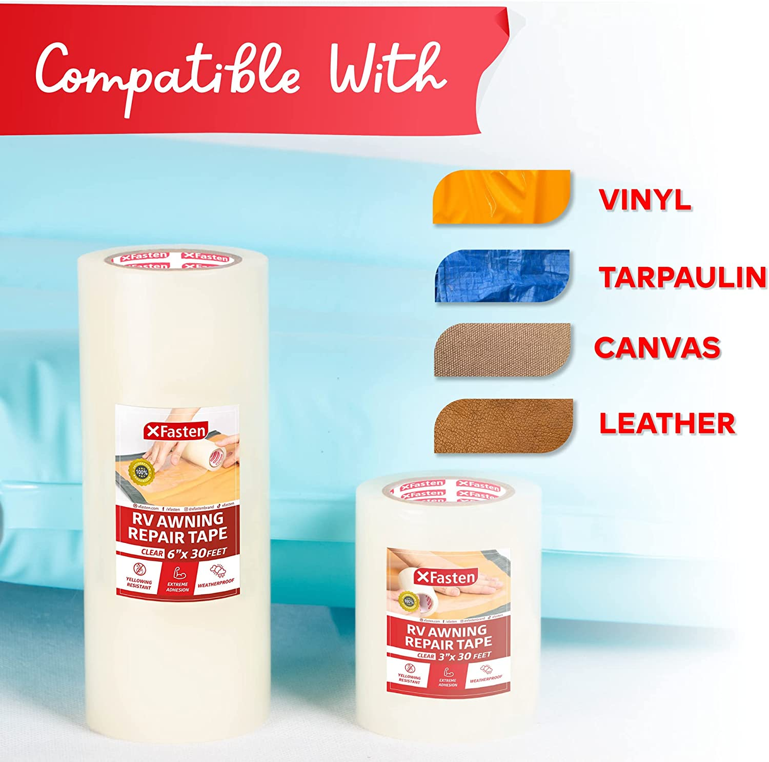 Xfasten Rv Awning Repair Tape, 6-Inch by 30-Foot, Waterproof Rip Stop Patch for Vinyl, Rv Punctures, Camper, Awning, Canopy, Tents, Tarpaulin and Greenhouse image number 1