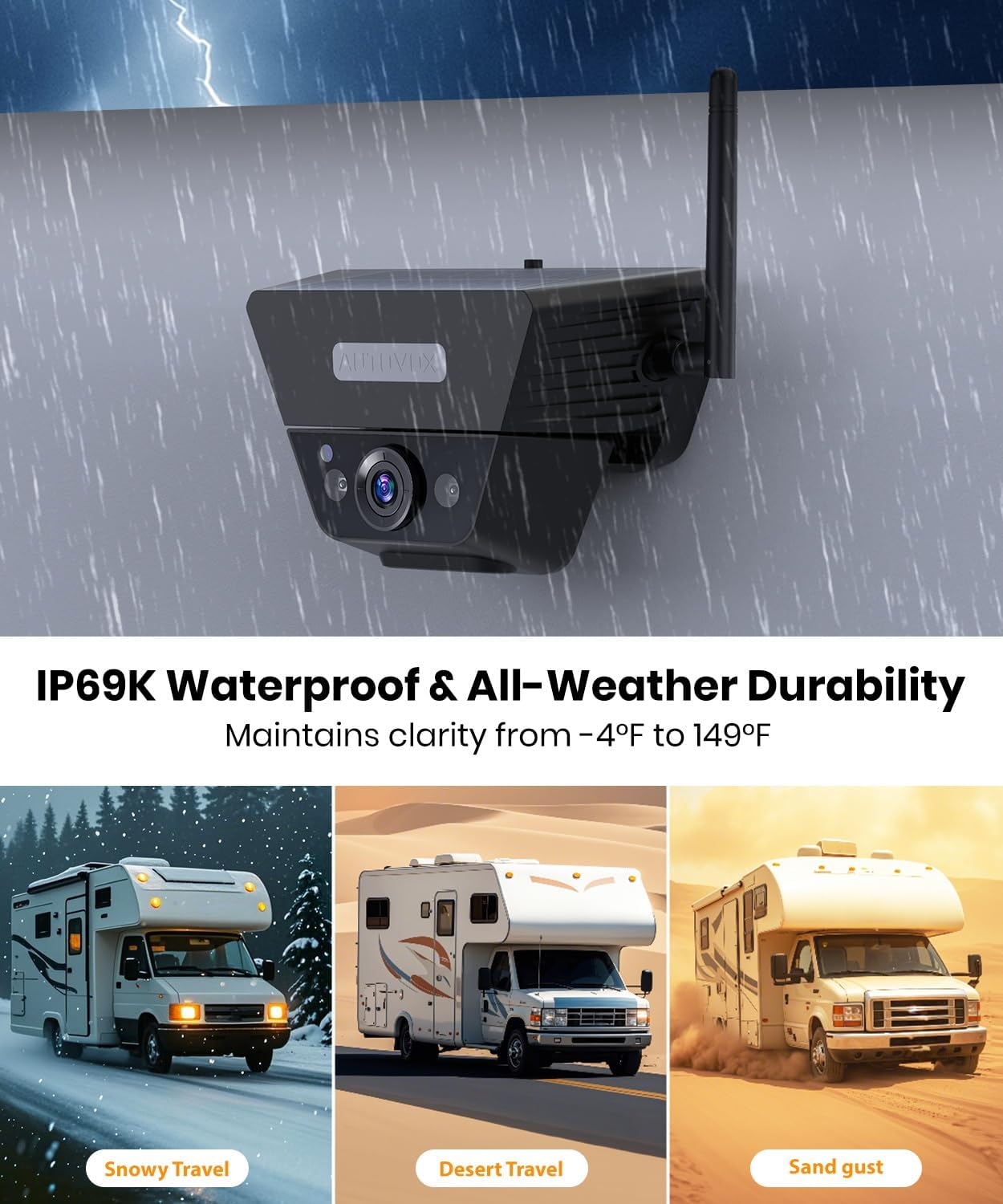 AUTO VOX Wireless Backup Camera Solar Magnetic: with 7.2" DVR 1080P 2 Split Recording Monitor, Dual Antenna Stable Signal,Ip69K & 1-Min Install,Hd IR Night Vision for Truck, Trailer, RV, Camper image number 4