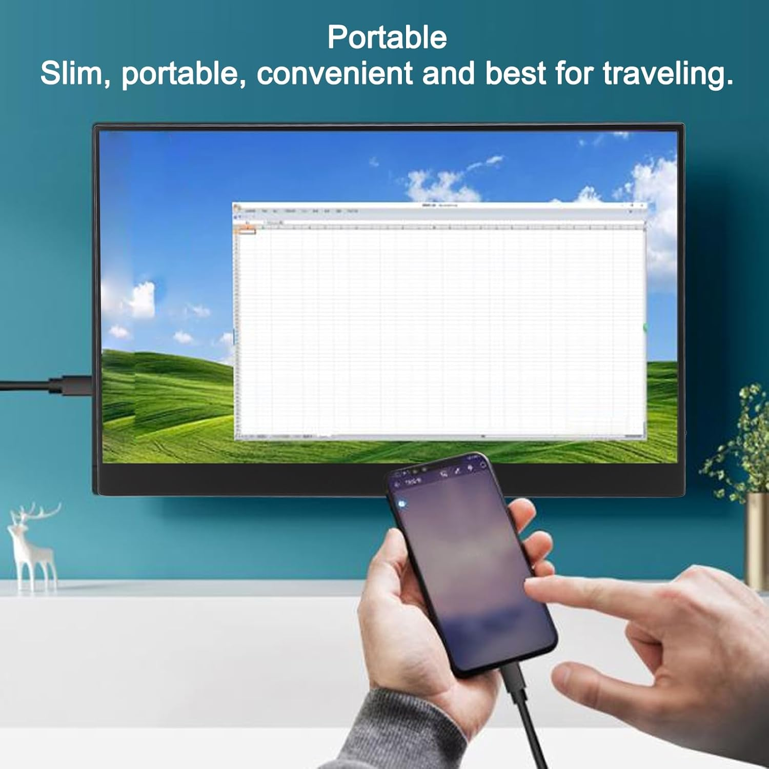 15.6 Inch Portable Monitor, 1080P Portable 15.6 Inch USB C Laptop Screen Extender with PU Leather Cover, Travel Touch Screen for Gaming, Business Presentations, Mirror and Split Screen Modes, Black image number 2