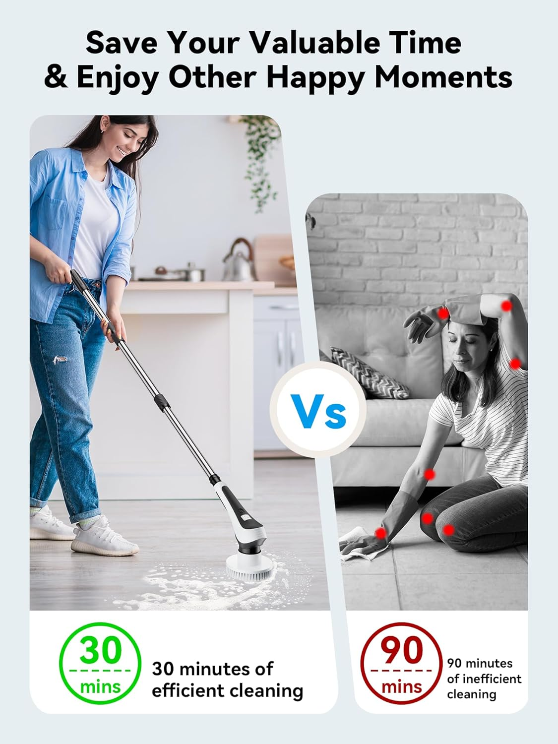 Electric Spin Scrubber,Cordless Cleaning Brush with Power Display Screen,Ip68 Waterproof Shower Cleaning Brush with 8 Replaceable Brush Heads,Adjustable & Detachable Handle and 2 Adjustable Speeds image number 2