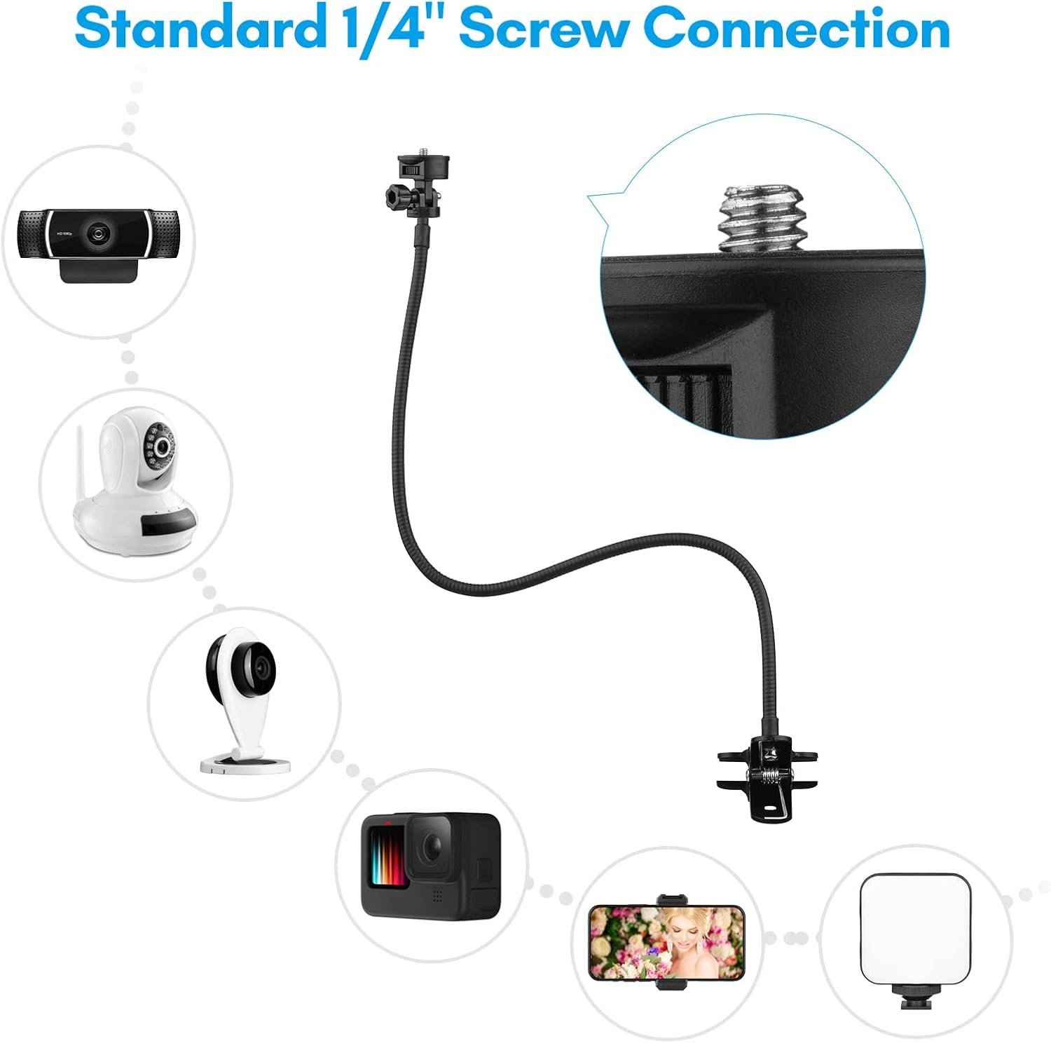 Zolyet 72Cm/28In Webcam Stand Ible Desk Mount Bracket with 1/4 Inch Screw 1Kg Load Ty for Web Camera C930E/C930/C920/C922X/C922/C925E/C615 for Phone Small Video Light Black image number 3