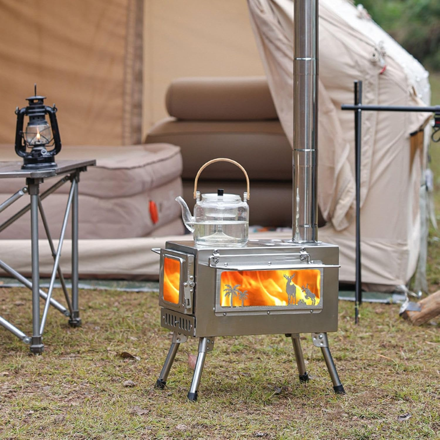 Portable Stainless Steel Camping Tent Stove Multifunctional Wood Burner with Both View Window, Outdoor Heater Cooker for Backpacking Hiking Fishing image number 2