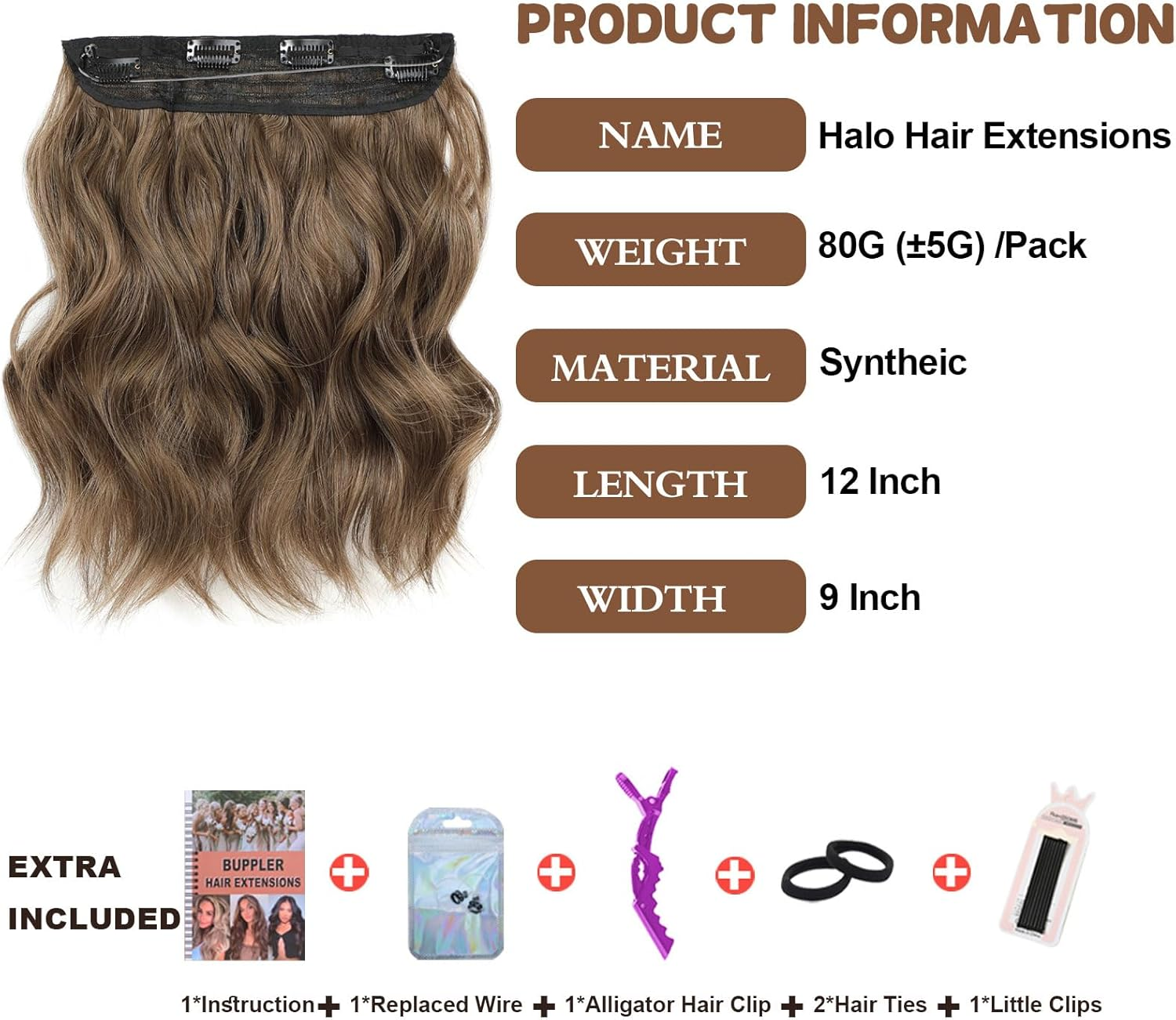 BUPPLER Halo Hair Extensions 12 Inch Invisible Wire Hair Extensions Adjustable Long Wavy Hairpiece Synthetic Upgrade 4 Secure Clips in Hairpieces 12 Inch,Light Brown image number 4