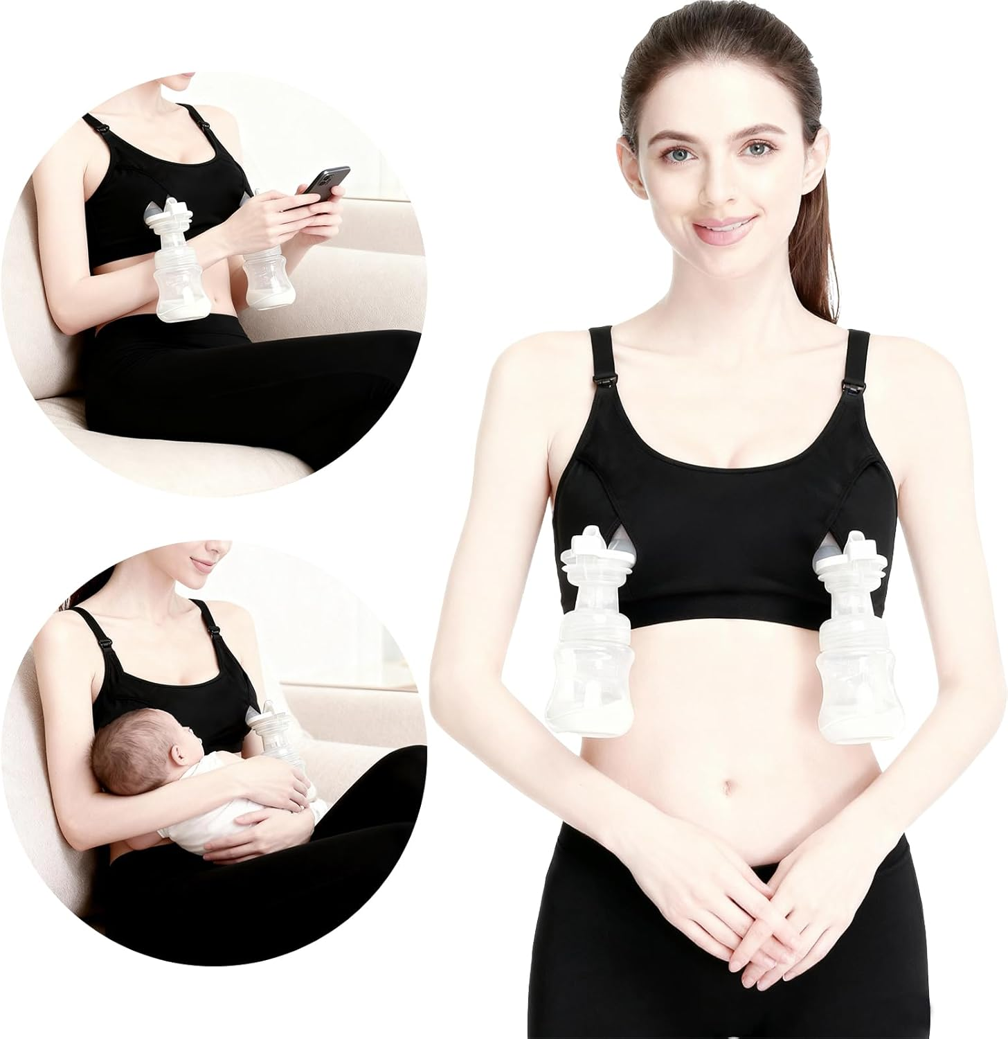 Breastfeeding Nursing Bra, Adjustable with Extended Pumping Bra, Hands-Free Nursing Bras for Breastfeeding, for Breast Pumps, Easy Feeding Black image number 5