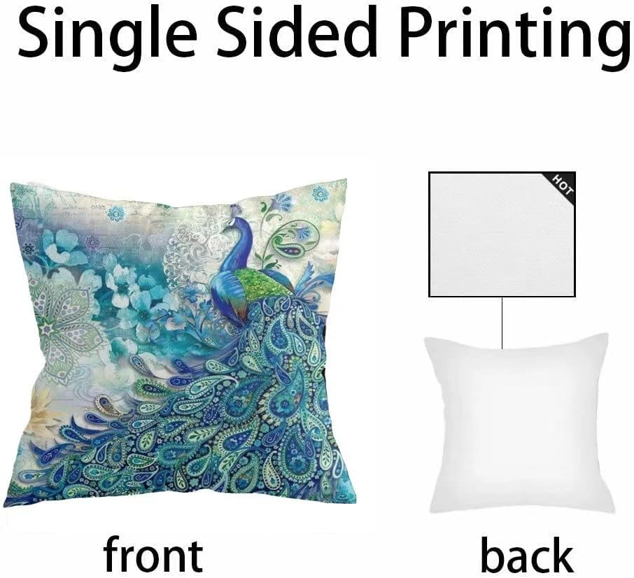 Teal Peacock Throw Pillow Covers Set of 2, Vintage Watercolor Blue Teal Turquoise Peacock Gifts Microfiber Fabric Decoration Pillowcases Home Sofa Couch Bed Decor Square 18X18 Inches Pillow Cases image number 5