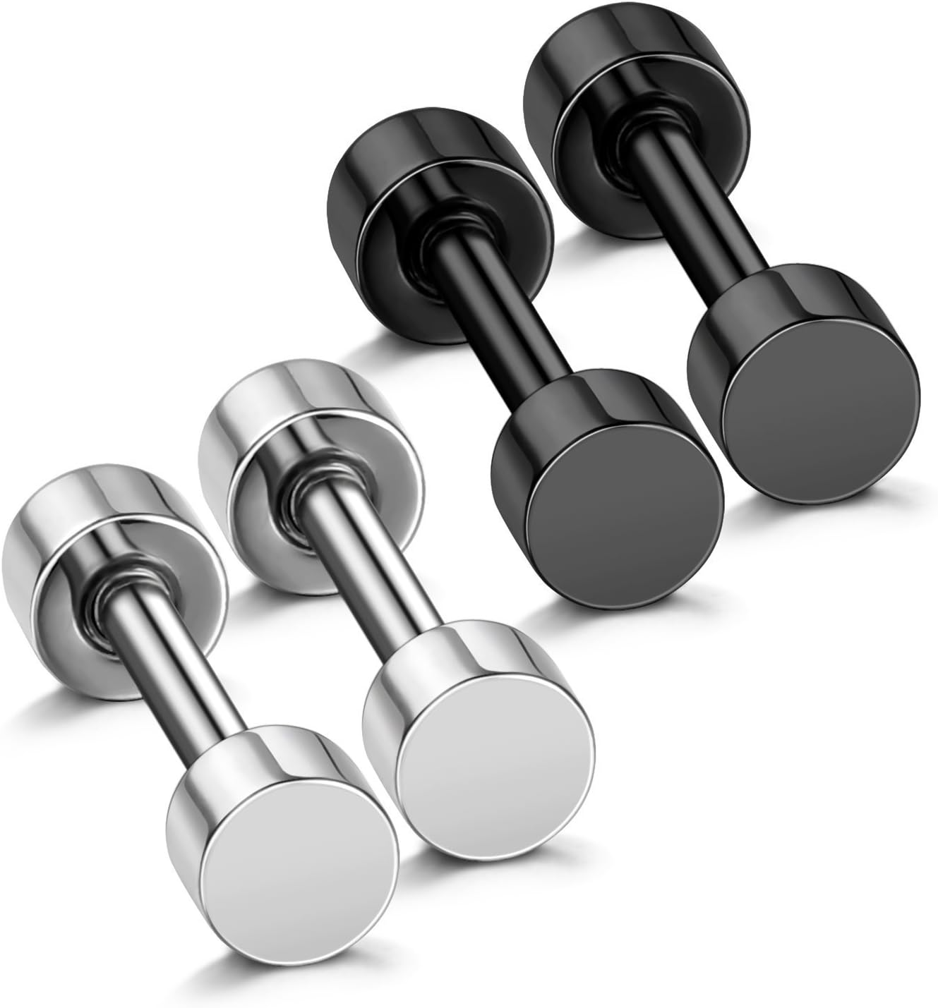 JEWELRIESHOP Black Earrings Men Dot Studs Fake Gauges Plugs Earring Stainless Steel Circle Disc Flat Back Cheater Tunnel Dumbbell Earrings Women (18G,2 Pairs,3Mm-14Mm,Black and Silver)