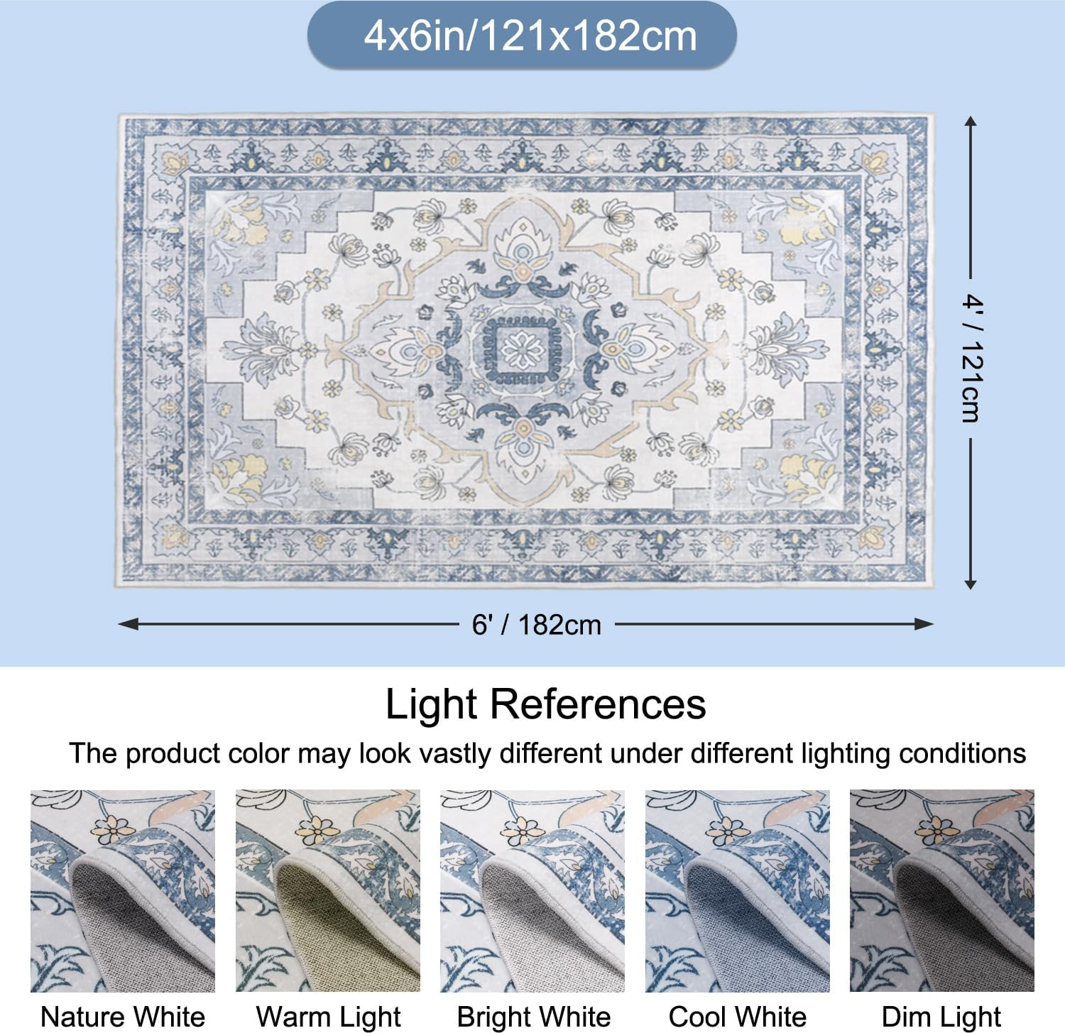 MOSISO 4X6 Area Rug for Living Room, Washable, Non Slip Vintage National, Low Pile Carpet, Faux Wool Rectangular Area Rug Carpet for Living Bedroom Dining Room, Home, Blue - Blue image number 2