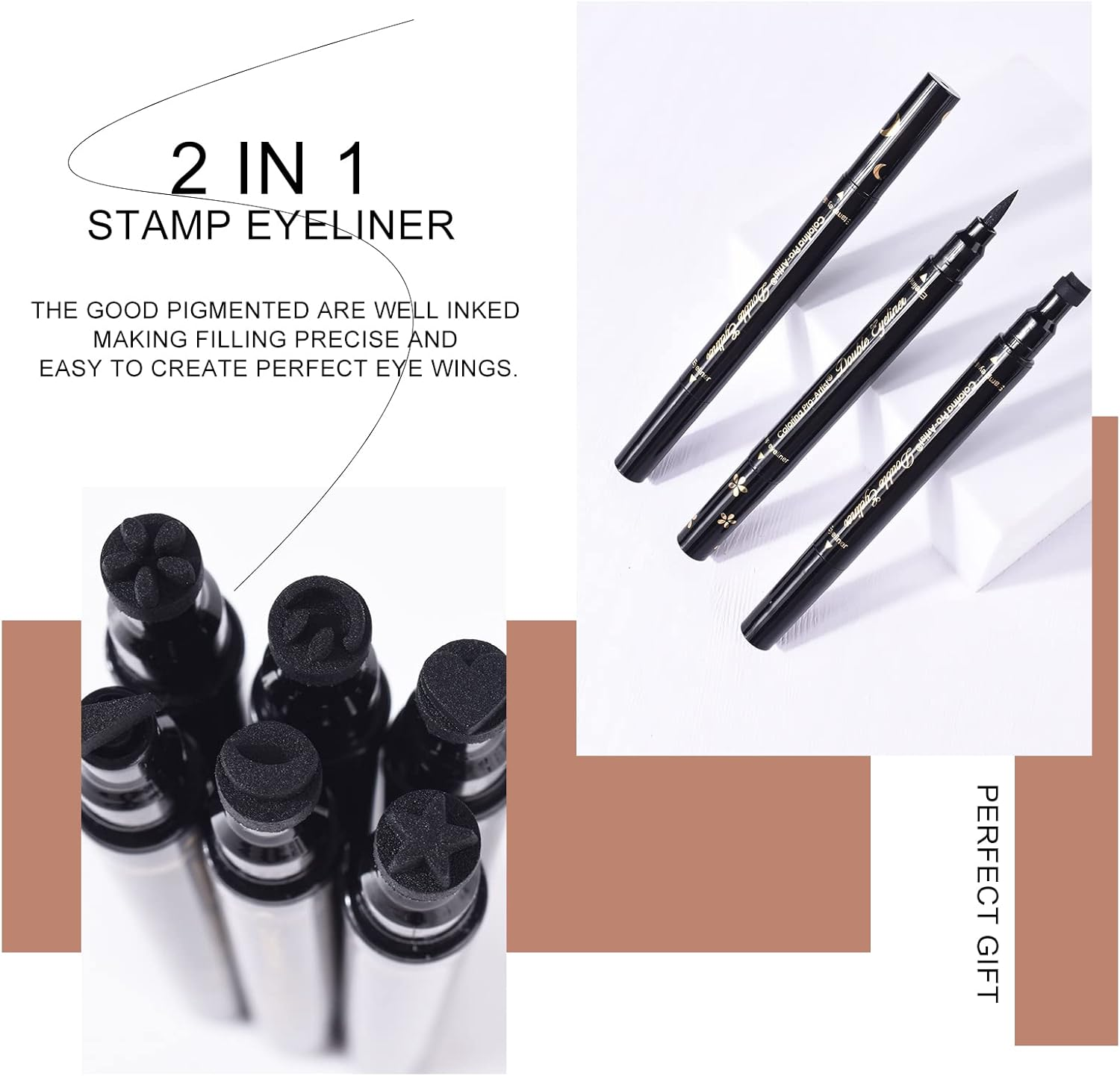 Ownest 6 Pcs Waterproof Smudge-Proof Eyeliner Stamp Pen Set - Eyeliner Tattoo Tool with Smiley, Triangle, Heart, Star, Moon, Flower image number 3