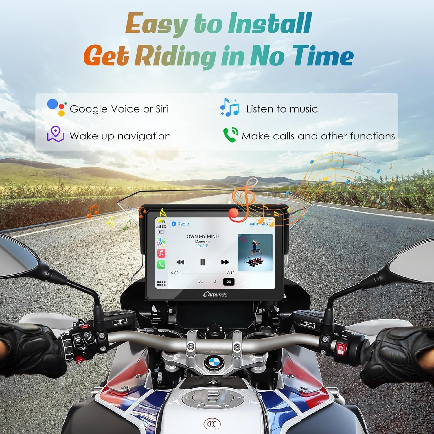 Motorcycle Carplay Screen Carpuride W502B for BMW R1200GS/R1250GS/S1000XR &ndash; 5" IP67 Waterproof Touchscreen, Wireless Android Auto & Carplay, GPS Navigation, Dual Bluetooth, Enhanced Bass EQ image number 5