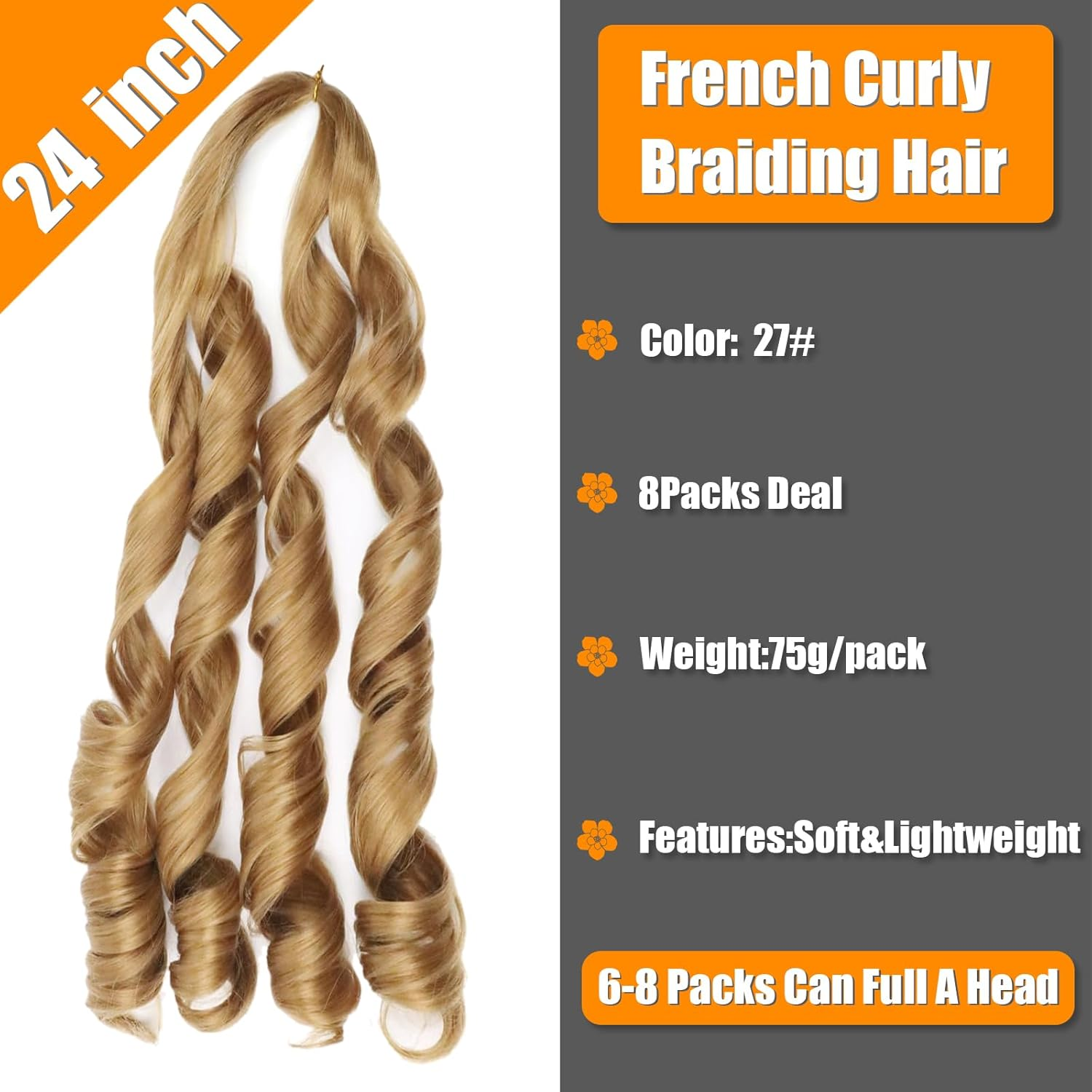 Curly Braiding Hair, 24 Inch (61 Cm) Pre-Stretched Bouncy, Loose Wave, 8 Packs, French Curly Hair with Curly Ends, French Curl Braids, Crochet Hair - 30 image number 4