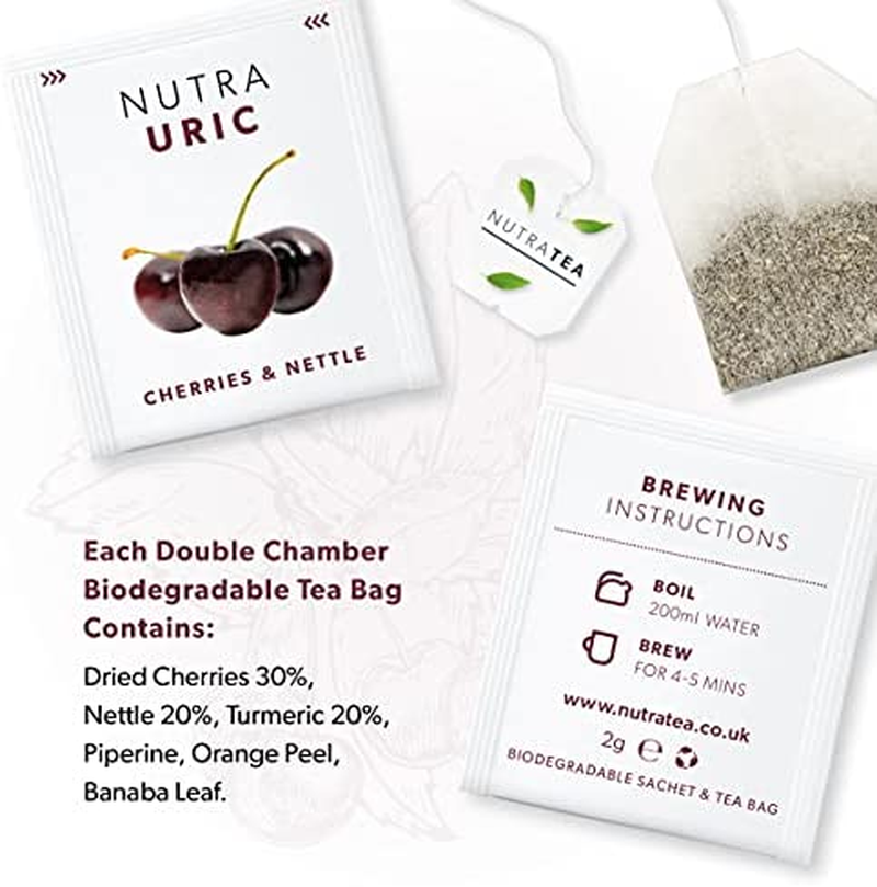 NUTRAURIC - Uric Acid Support - Containing Natural Cherry & Nettle - 40 Enveloped Tea Bags - by Nutra Tea - Herbal Tea - (2 Pack)