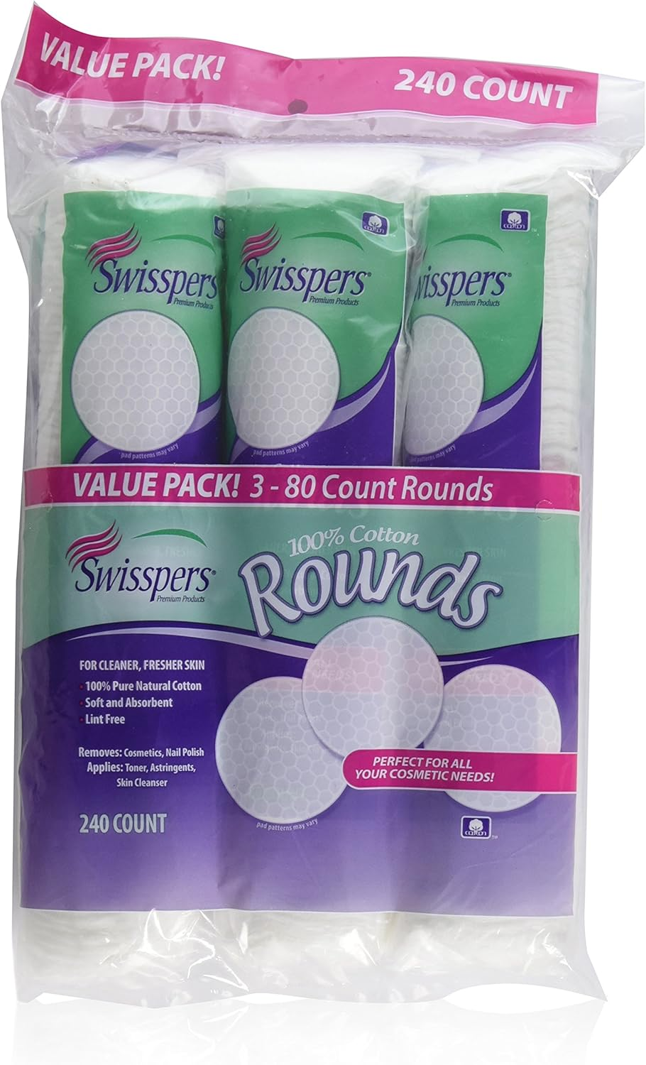 Swisspers Cotton Rounds 80 Count 100% Cotton (3 Pack)