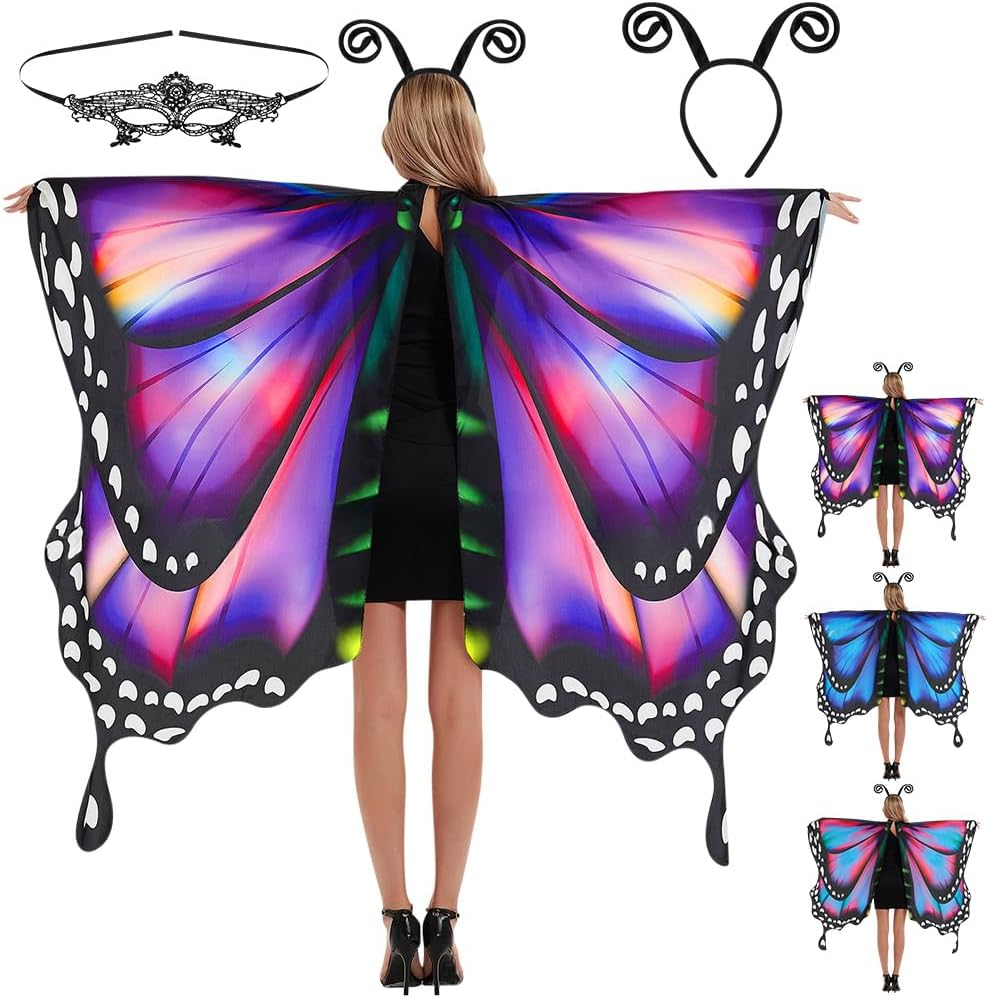 AUTOWT Halloween Butterfly Costume for Women, Adult Butterfly Wings Shawl with Masquerade Mask & Antenna Headband Kit for Ladies Cosplay Animal Avatar Photo Shoot Dress-Up Party Book Week