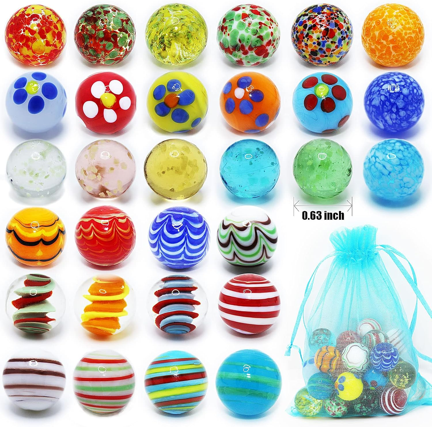 30 PCS Glass Marbles for Kids, 25 Colorful Assorted Marbles and 5 Glow in the Dark Marbles, Marble Games and Marble Run Accessories for Boys and Girls, Beautiful Marbles Bulk for Home Decoration image number 3