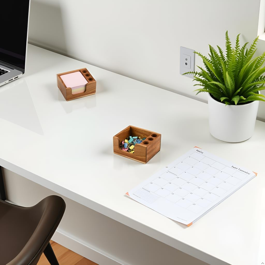 Acacia Wood Sticky Note Holder with 3 Pen Holders, 3X3 Post It Note Dispenser with Anti-Slip Pads, All-In-One Wooden Desk Organizer for Office Home School (4.0&ldquo;X3.5"X2") image number 1