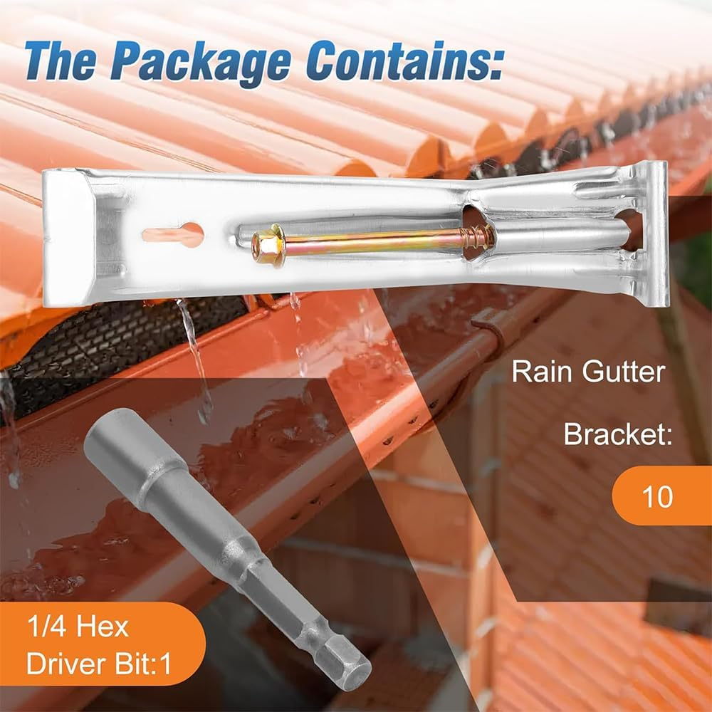 10 Pack Heavy Duty 5" Hidden Gutter Hangers - Quick Screw K-Style Aluminum Gutter Brackets with Pre-Inserted Rust-Resistant Screw, Hex Drill Bit - Secure Outdoor Rain Gutter Clips for Home Improvement image number 2