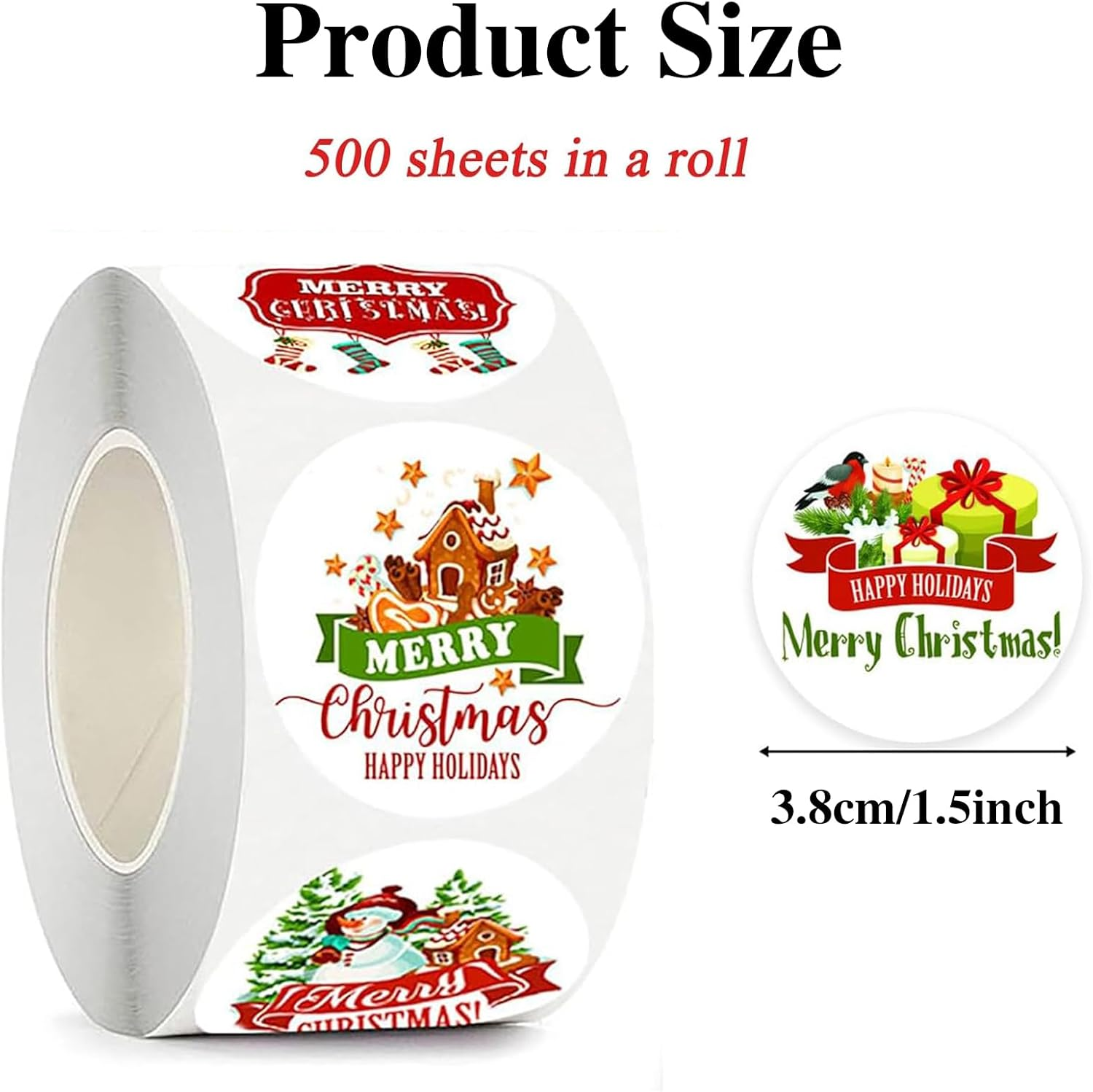 Tuoyi 500 Pieces Christmas Stickers, 1.5" round Merry Christmas Roll Stickers Labels,Holiday Envelope Stickers Xmas Tag Seal for Gift Wrapping, Present Crafts Decoration, Greeting Cards, Envelops image number 1