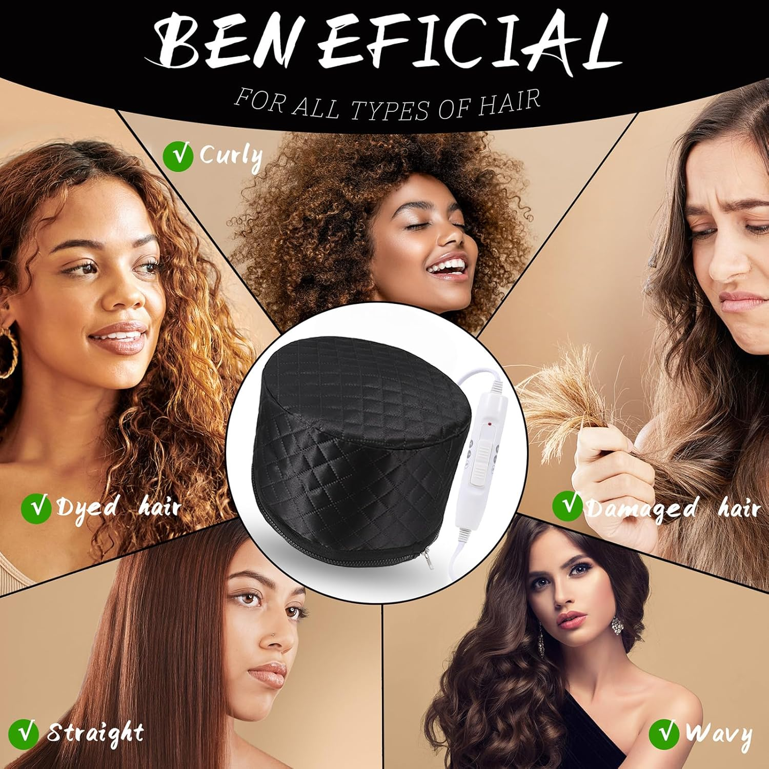 LUTIVI Thermal Deep Treatment Hat Steam Hood Hair Mask Heating Hood with 2 Temperature Modes for Spa, Salon, Home - Black image number 6