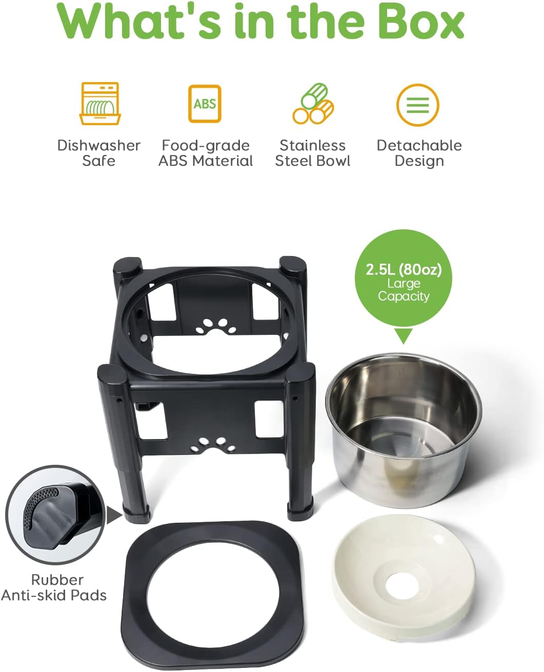 Pawque Elevated Dog Bowls, 80Oz Stainless Steel Water Feeder with 3 Adjustable Heights, Anti-Spill Design for Small to Medium Sized Dogs