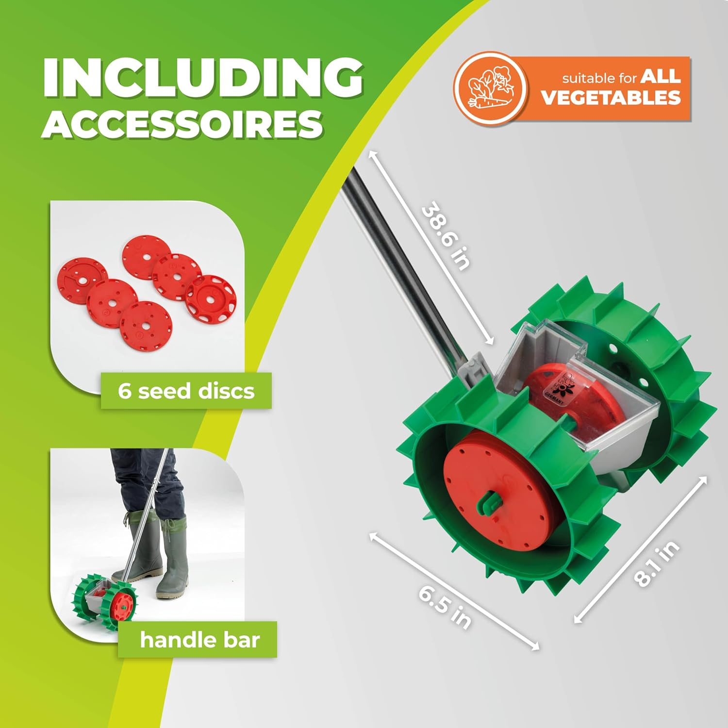 Bio Green Ergonomic Hand Seeder Super Seeder | Incl. 6 Sowing Discs | ABS Plastic & Uv-Proof | Garden Seed Drill | Manually Adjustable Furrow Depth image number 1