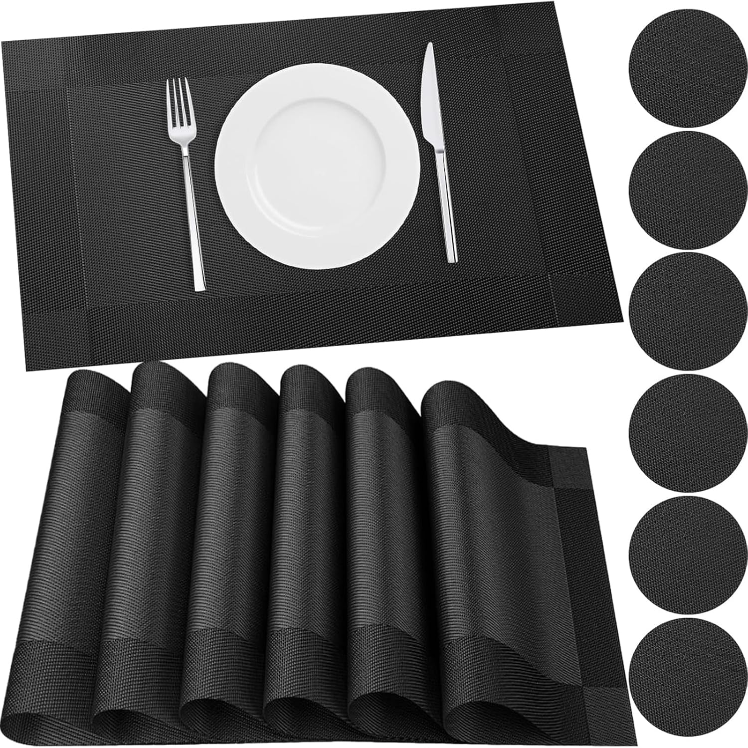 Neween Woven Placemats Set of 6 with 6 Coasters, Heat Resistant Washable Place Mats PVC Table Mats, Non-Slip Woven Vinyl Plastic Placemats for Kitchen Dining Table Easy to Clean (Black)