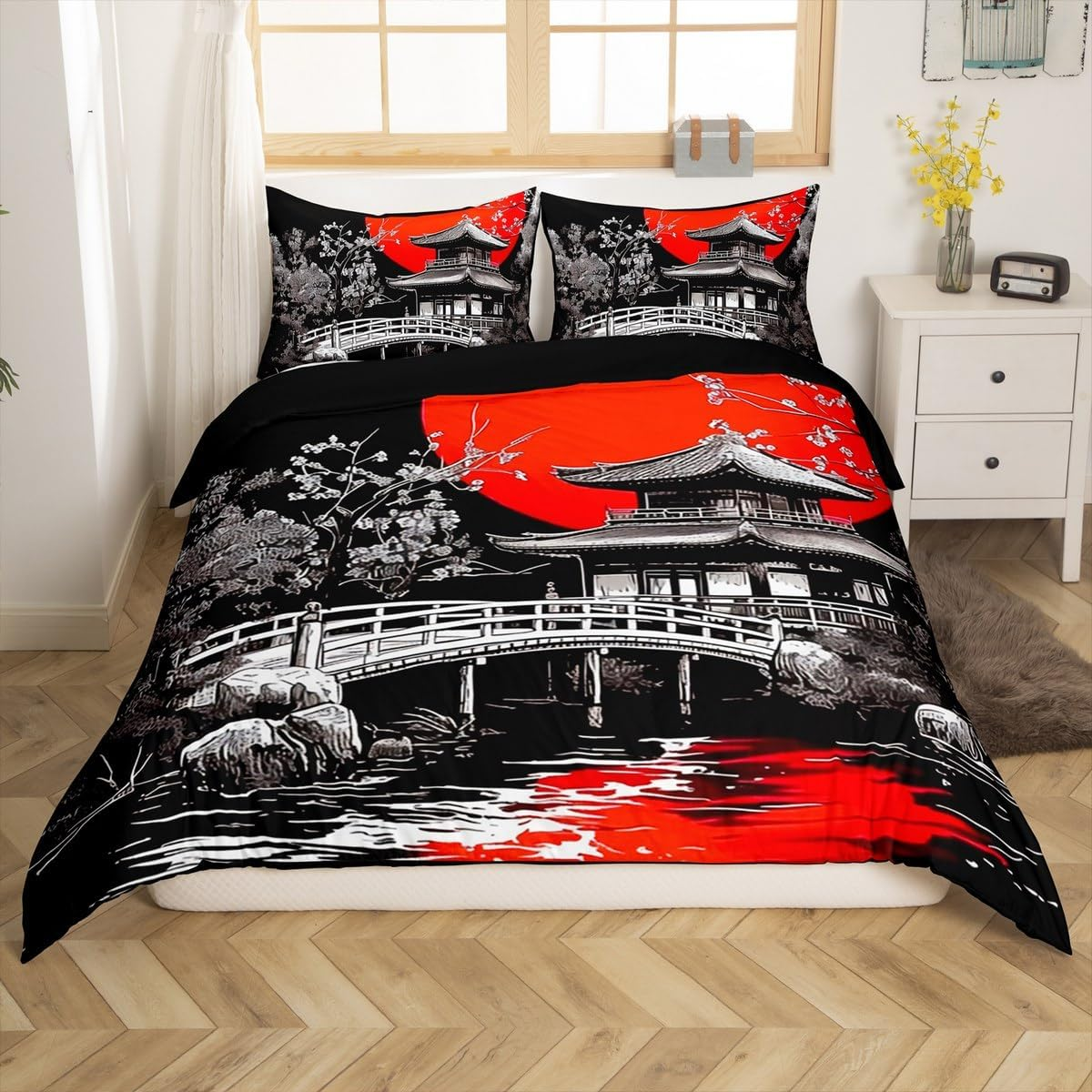 Loussiesd Japanese Ukiyoe Duvet Cover Set Single Size for Kids Boys Girls Adults Anime Bedding Set Red Sunset Comforter Cover with 1 Pillowcase Japanese Style Hokusai Pattern Beds Set image number 4