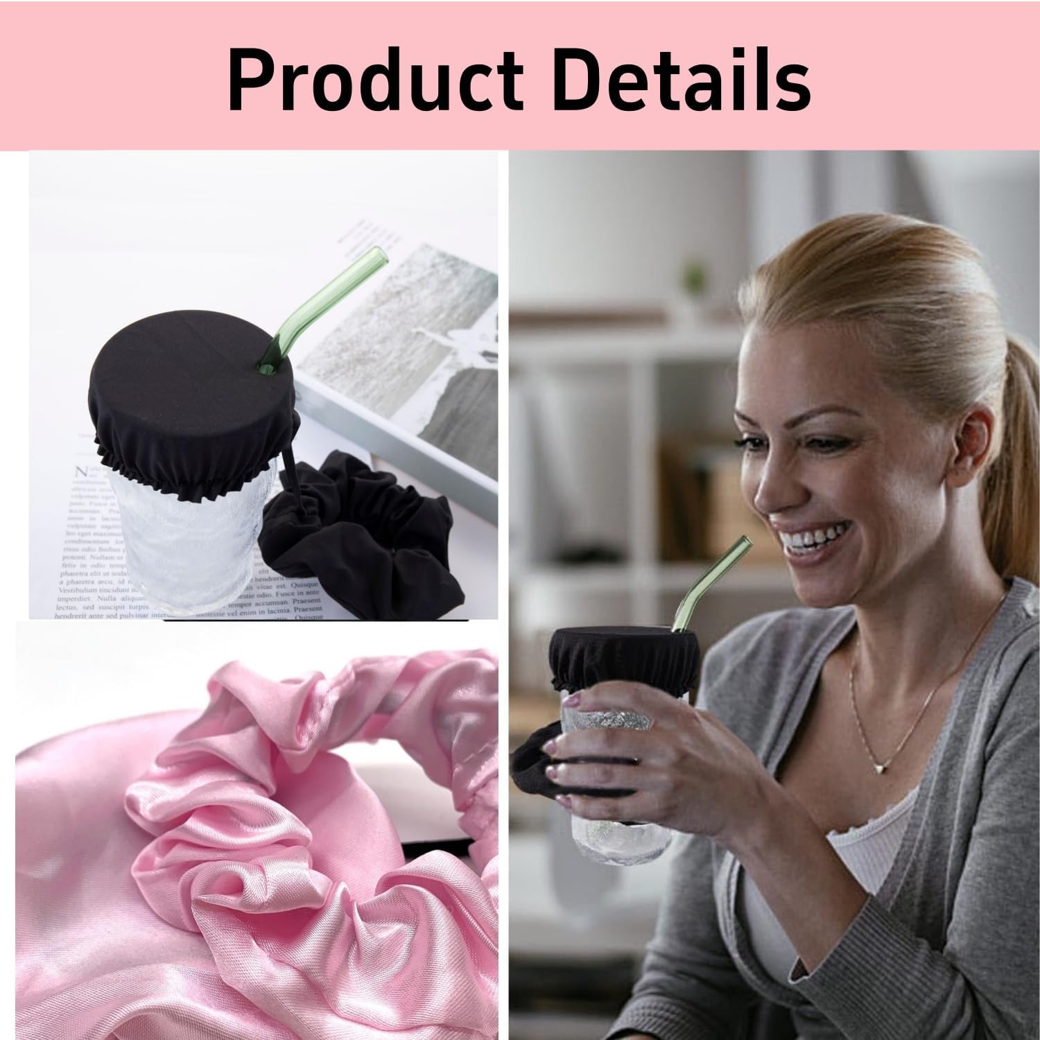 Hair Band for Drink Cover, Pack of 2 Hair Bands, Drink Cover, Scrunchie Cap, Hair Scrunchie, Anti-Spike Drink Lid, Scrunchies, Drink Protection with Straw Hole for Beach, Bar, Parties, Drinks And image number 1