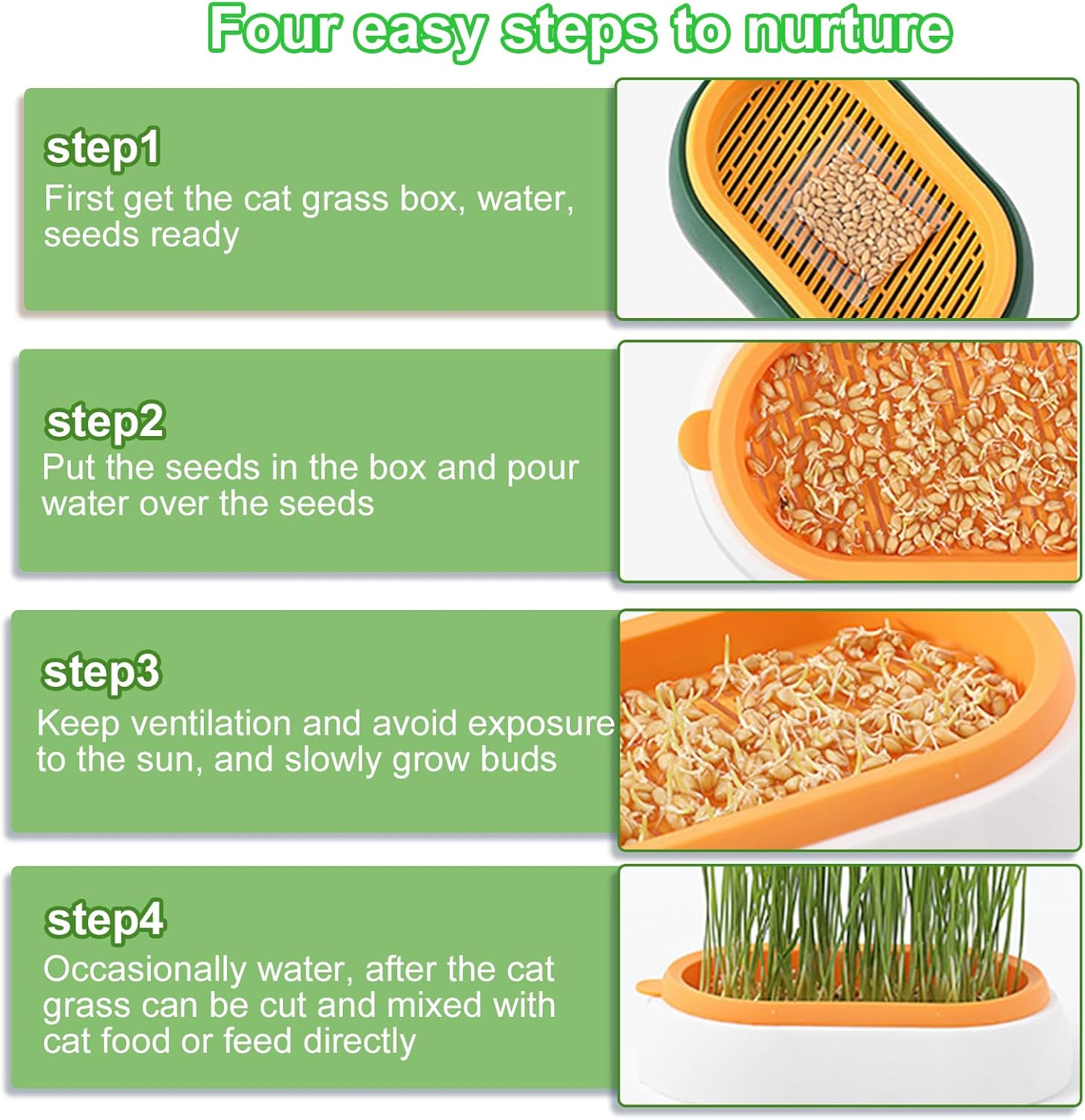 HOMURY Cat Grass Tray Growth Set: Plastic Comfortable Cat Grass Case, 2 Pieces Hydroponic Cat Grass Box with 6 Bag Seed, Cat Grass Germination Tray for Cat Dogs Pets image number 5