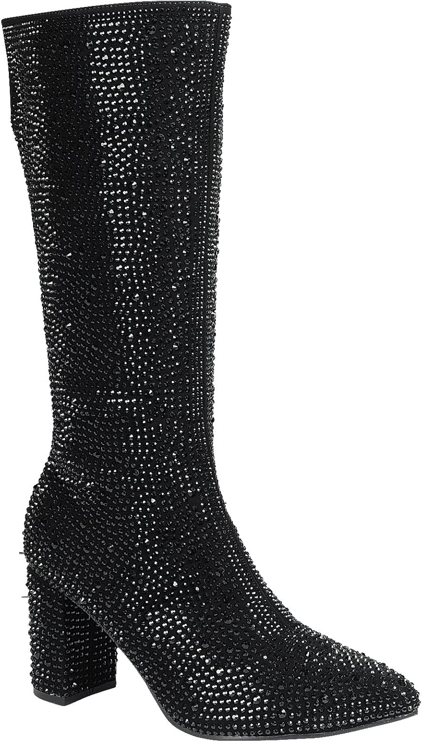 ABSOLEX Women Pointed Toe Rhinestone Block Medium Heel Knee High Boots