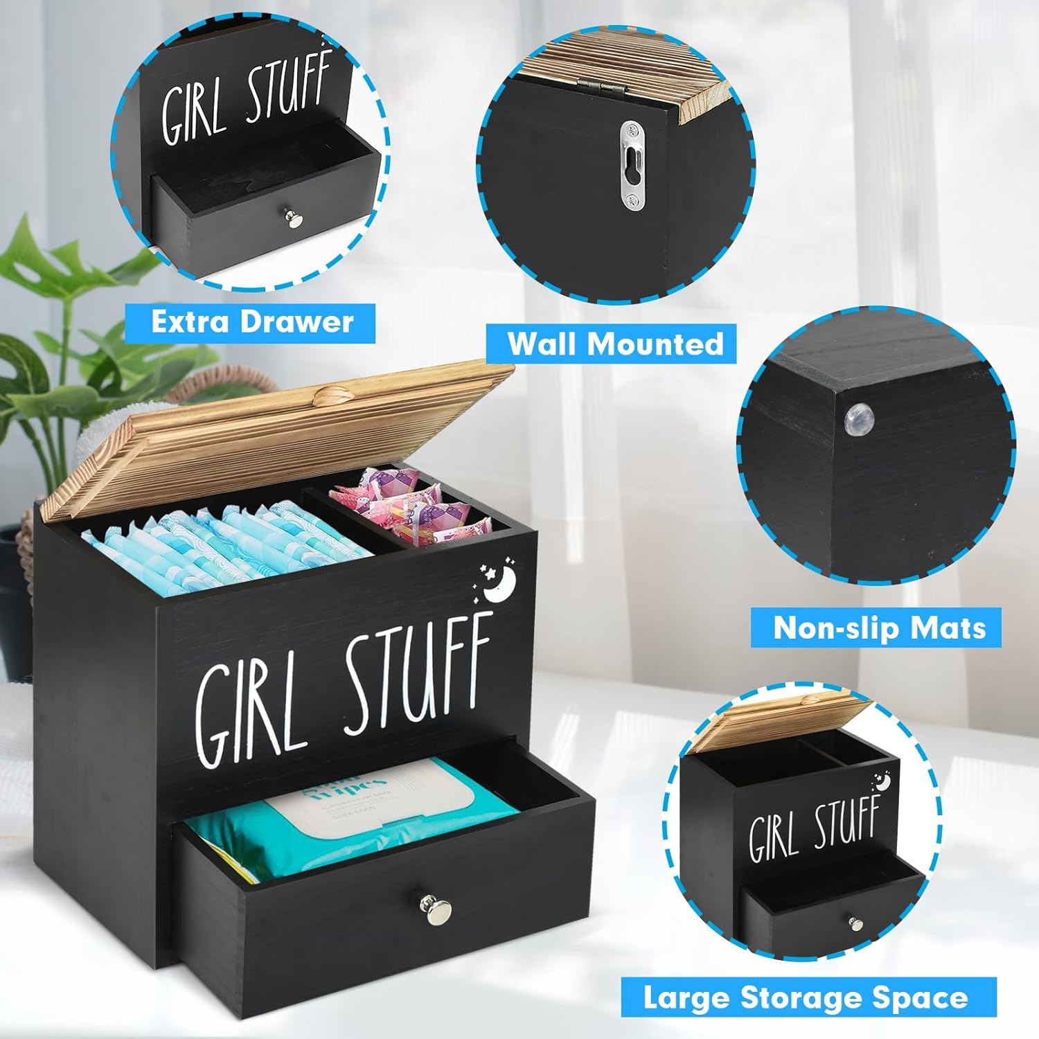 Tampon Holder for Bathroom Decor and Storage, Wood Feminine Product Organizer with Drawer and Lid, Pad and Tampon Organizer Bathroom Accessories Box for Tampon Storage, Black Cotton Ball/Swab Holder image number 2