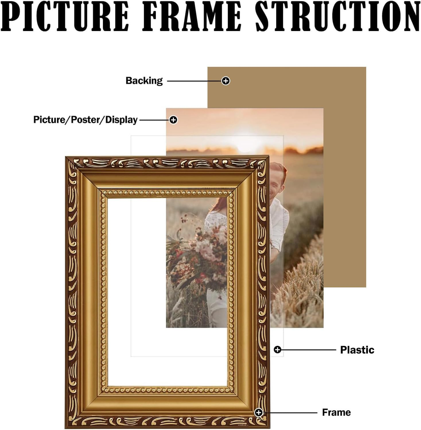 Vintage Picture Frame, 6&times;8'' Picture Frame Gold, for Desktop Display and Wall Mount Home Decor, Ornate Photo Frame for Poster (6X8In - Gold)