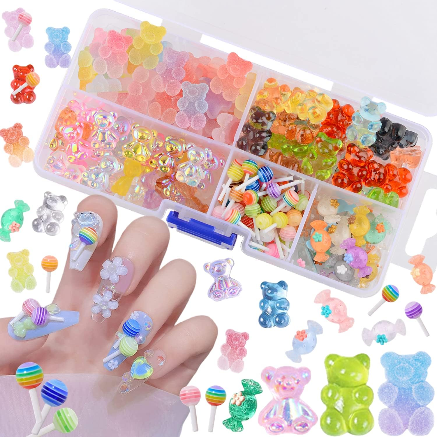 Edittime 200PCS Kawaii Colorful Resin Acrylic 3D Gummy Bear Multi-Sized Heart Star Nail Charms with 300PCS Snowflake Heart Star Slice (Multicolor5)