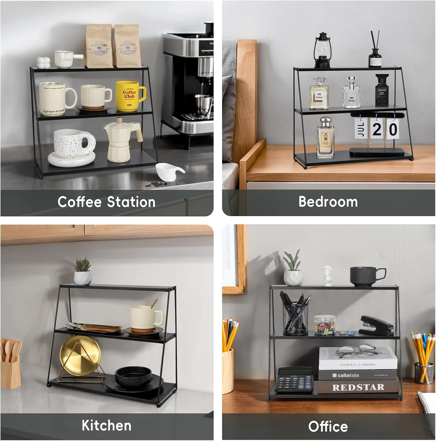 PUERSI Coffee Mug Holder, Mug Display Rack for Countertop, Metal Coffee Cup Holder, 3 Tier Mug Shelf for Coffee Bar, Coffee Station Accessories, Coffee Bar Organizer for Kitchen, Office, Home - Black