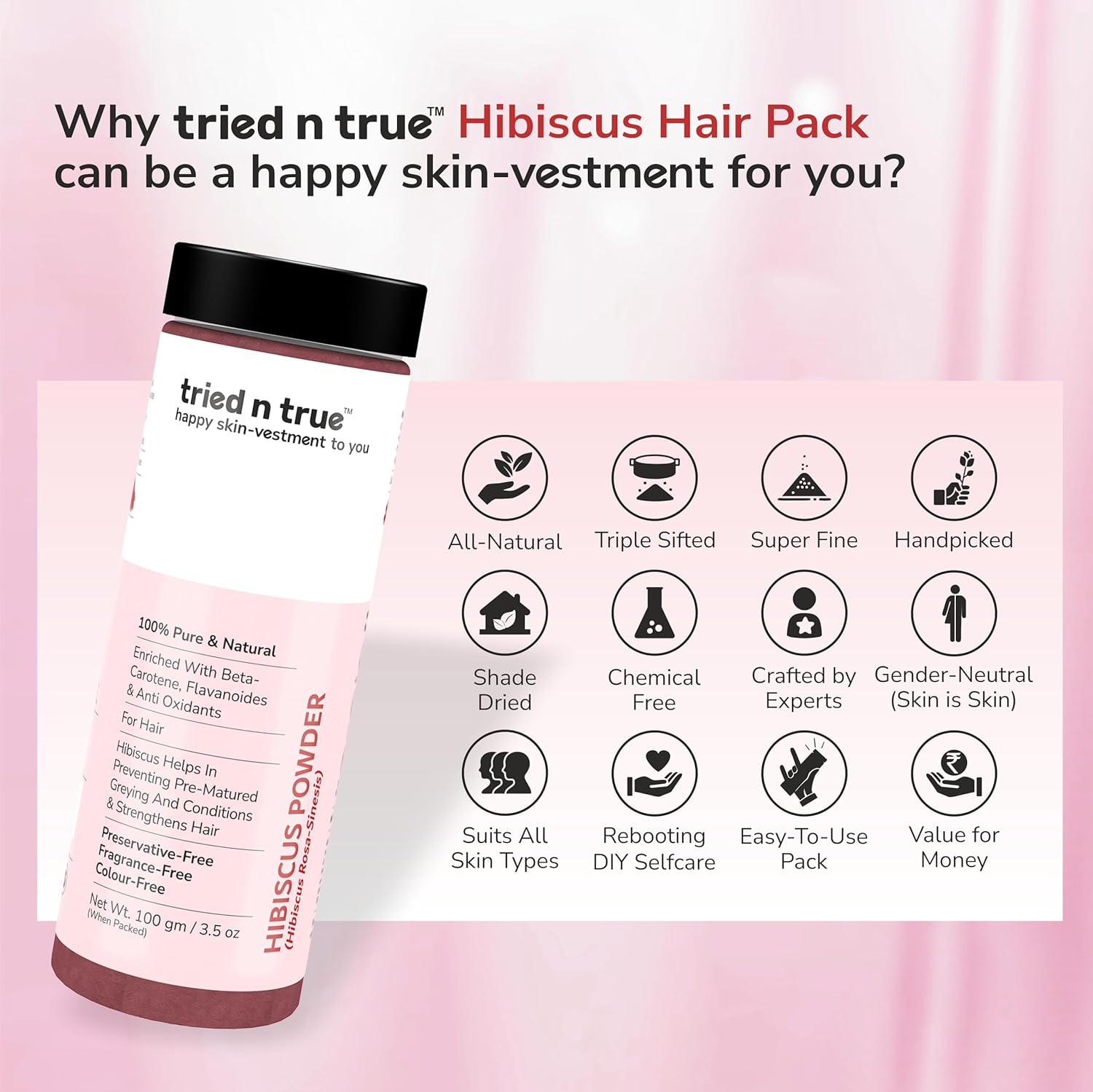 Tried N True Hibiscus Powder with No Added Preservative, Fragrance or Colour, Pure and Natural DIY Hair Mask for Silky and Smooth Hair- 100 Gm image number 1