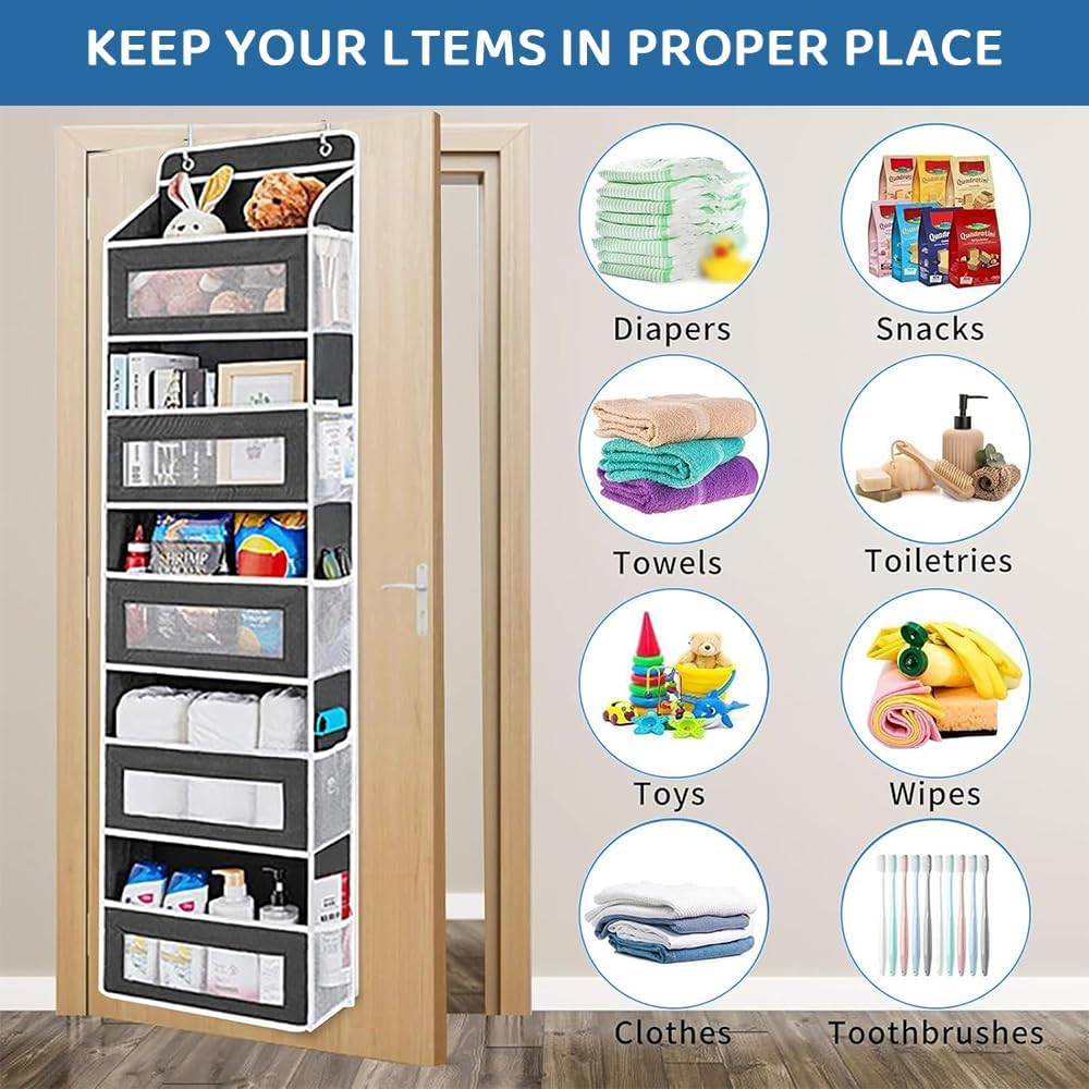Over the Door Storage Organizer with 5 Large Pockets & 10 Mesh Side Pockets &ndash; Hanging Door Organizer for Bedroom, Bathroom, Nursery, Pantry, Dorm &ndash; 1 Pack (Black) image number 4