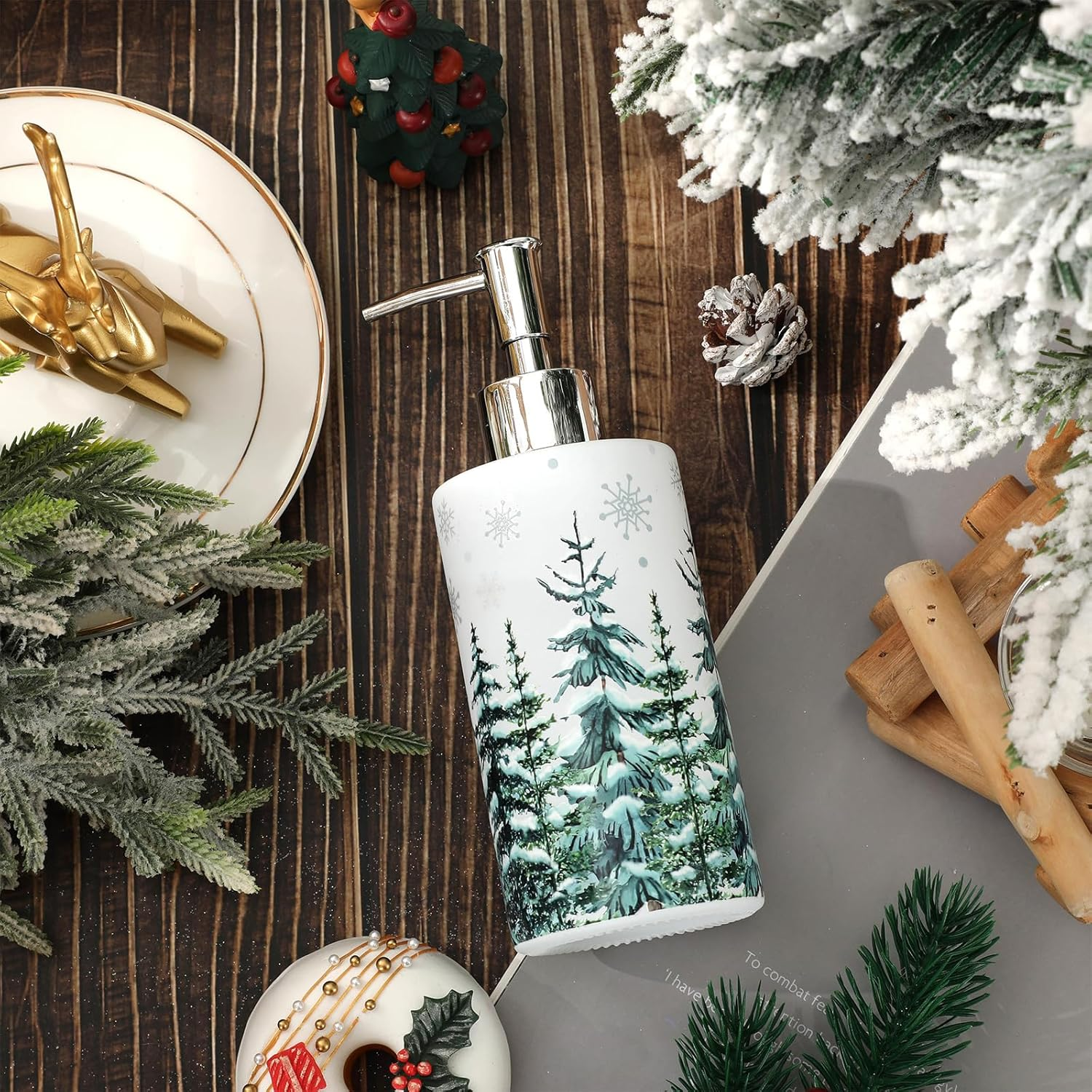 Jarthenaamcs Christmas Soap Dispenser Watercolor Xmas Tree Glass Dispenser with Pump Refillable Liquid Soap Container for Home Kitchen Bathroom Countertop