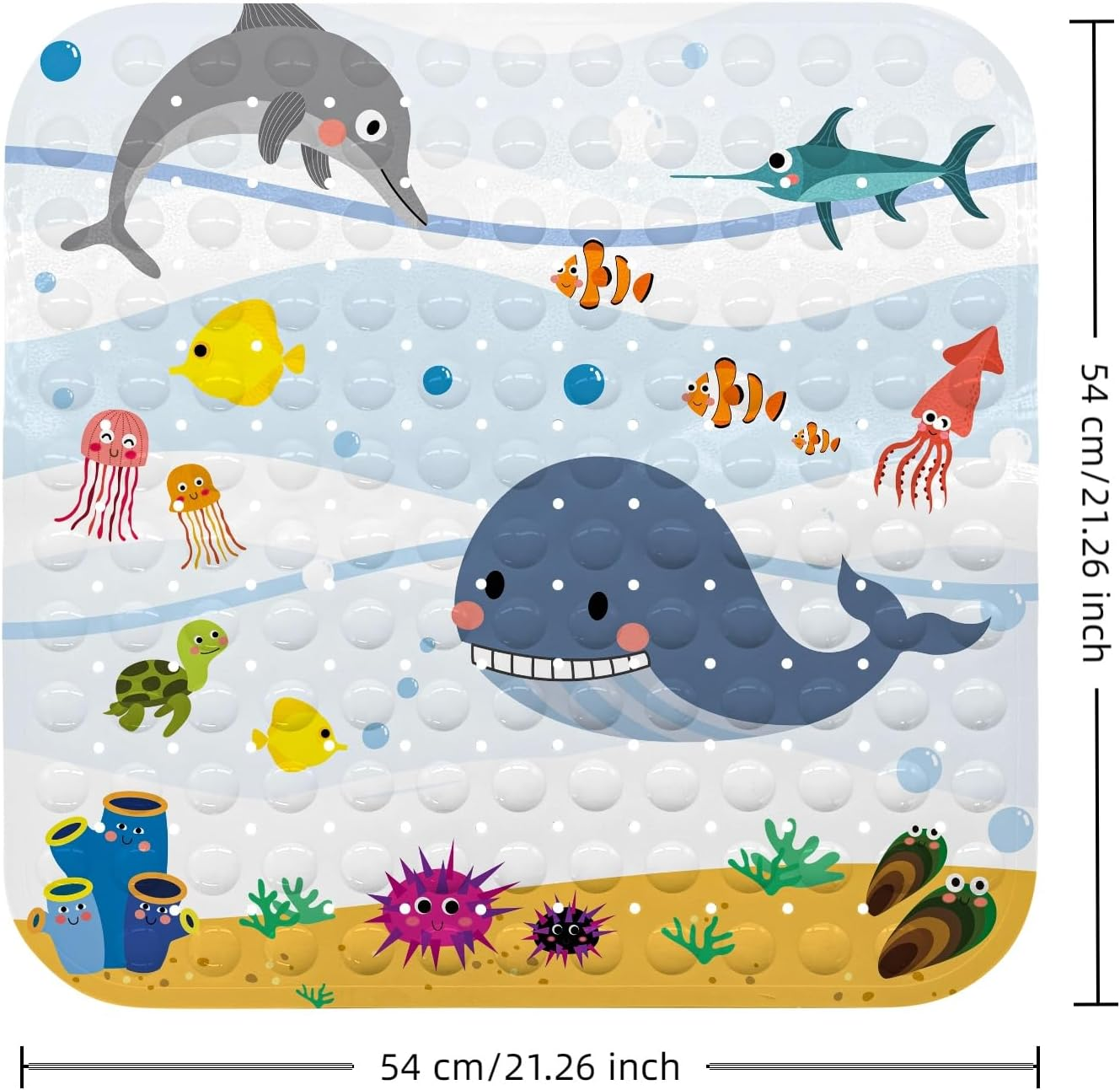 Square Non-Slip Bath Mat for Tub & Shower, 54X54 Cm (21"X21") Soft PVC Floor Mat with Drain Holes, Quick-Dry Antibacterial Bathtub Safety Mat for Kids, Elderly, Adults，Machine Washable（Dolphin Design） image number 3