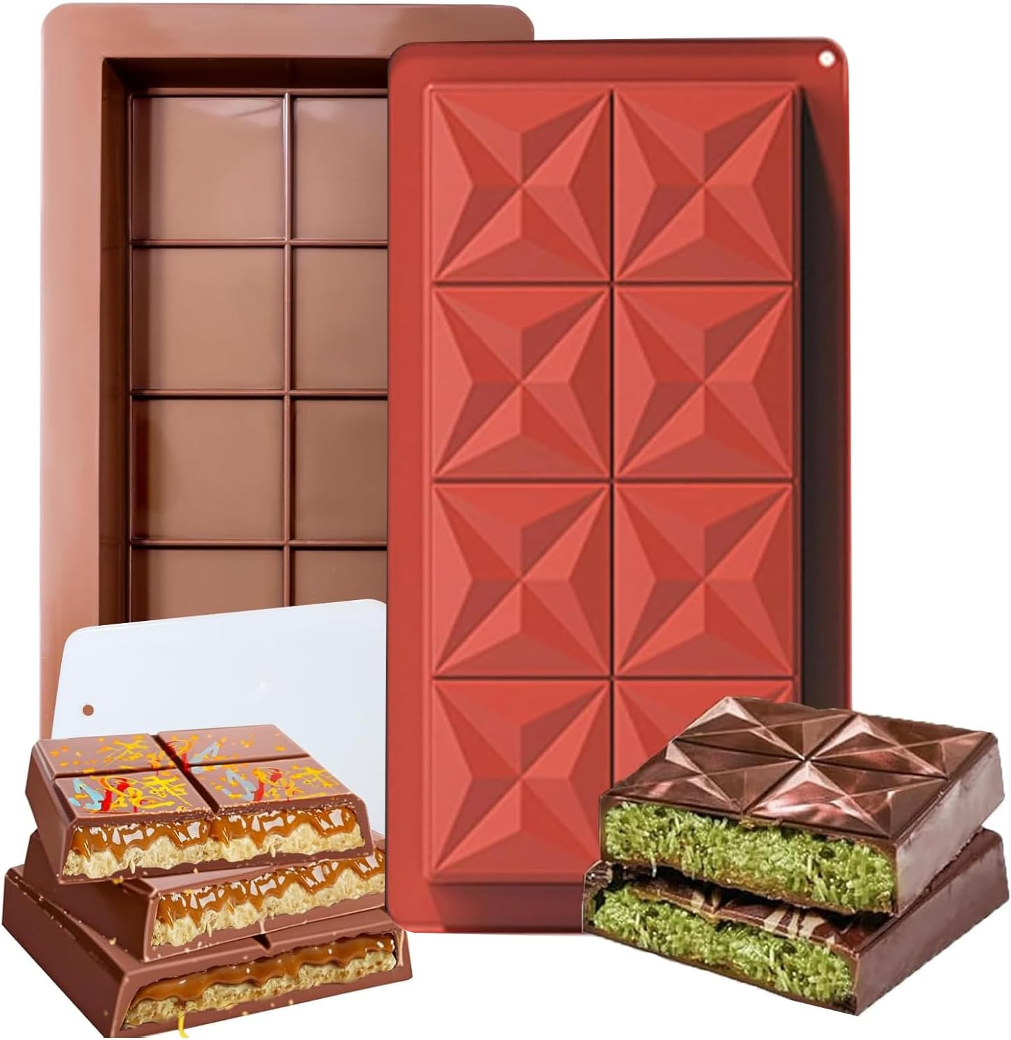 Fyvadio Chocolate Mold, 2 Pack Dubai Silicone Chocolate Bar Molds for Stuffed Bar,Big Chocolate Candy Bar Mold for Filling Knafeh Pistachio Chocolate Bar Kit (0.79 Inch Deep, Attached One Scraper) image number 4