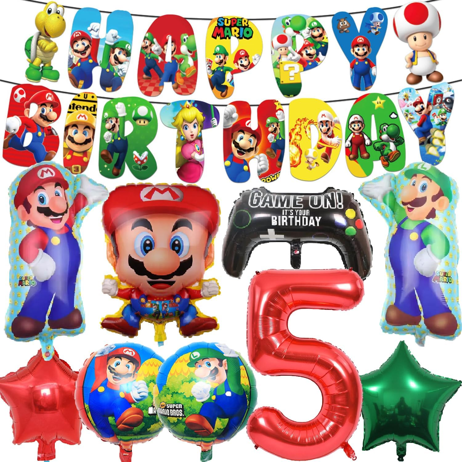 Super Marios Party Decoration - Mario Balloons, Mario Bros Foil Balloons, Banner for Kids Boys and Girls, Game Theme Decorations, 5Th Birthday Party Supplies (Number 5) image number 1