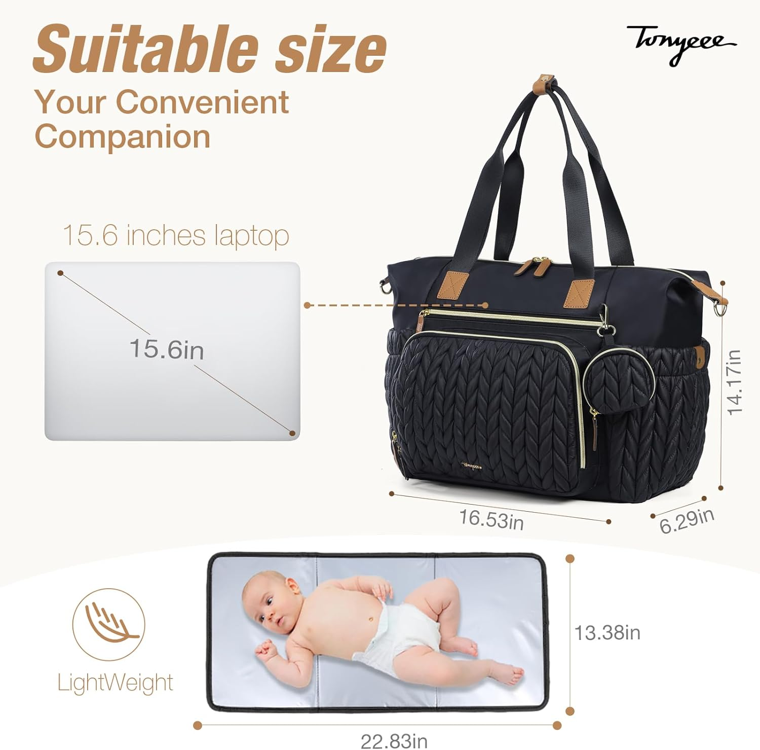 Diaper Tote Bag, Multifunctional Travel Diaper Bag Tote Nappying Tote Bags with Changing Pad and Pacifier Case for Mom, Black image number 2