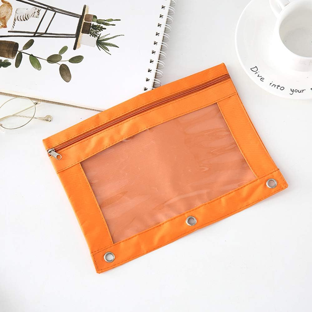 Zippered Pen Pencil Binder Pouch 3 Rings with Clear Window for School Classroom Organizers 8 Pcs (Orange) - Black image number 7