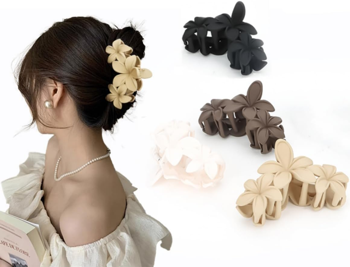 Flower Hair Claw Clips, 4-Pack, Matte Non-Slip Design, Large Plumeria Style, Thick Hair Accessories (Black)