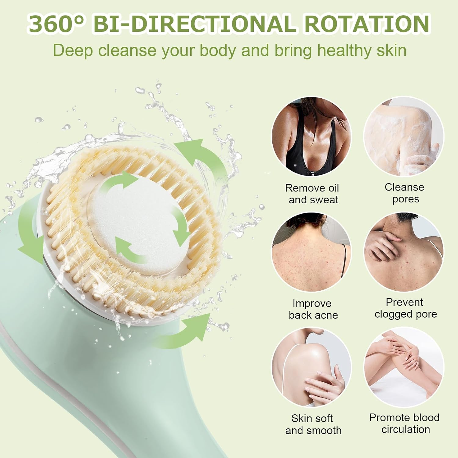 LINGSFIRE Electric Body Bath Brush, Rechargeable Back Scrubber for Shower, Long Handle Exfoliating Bath Brush for Shower, Lotion Applicator for Back, Silicone Body Scrubber with 6 Shower Brush Heads image number 4