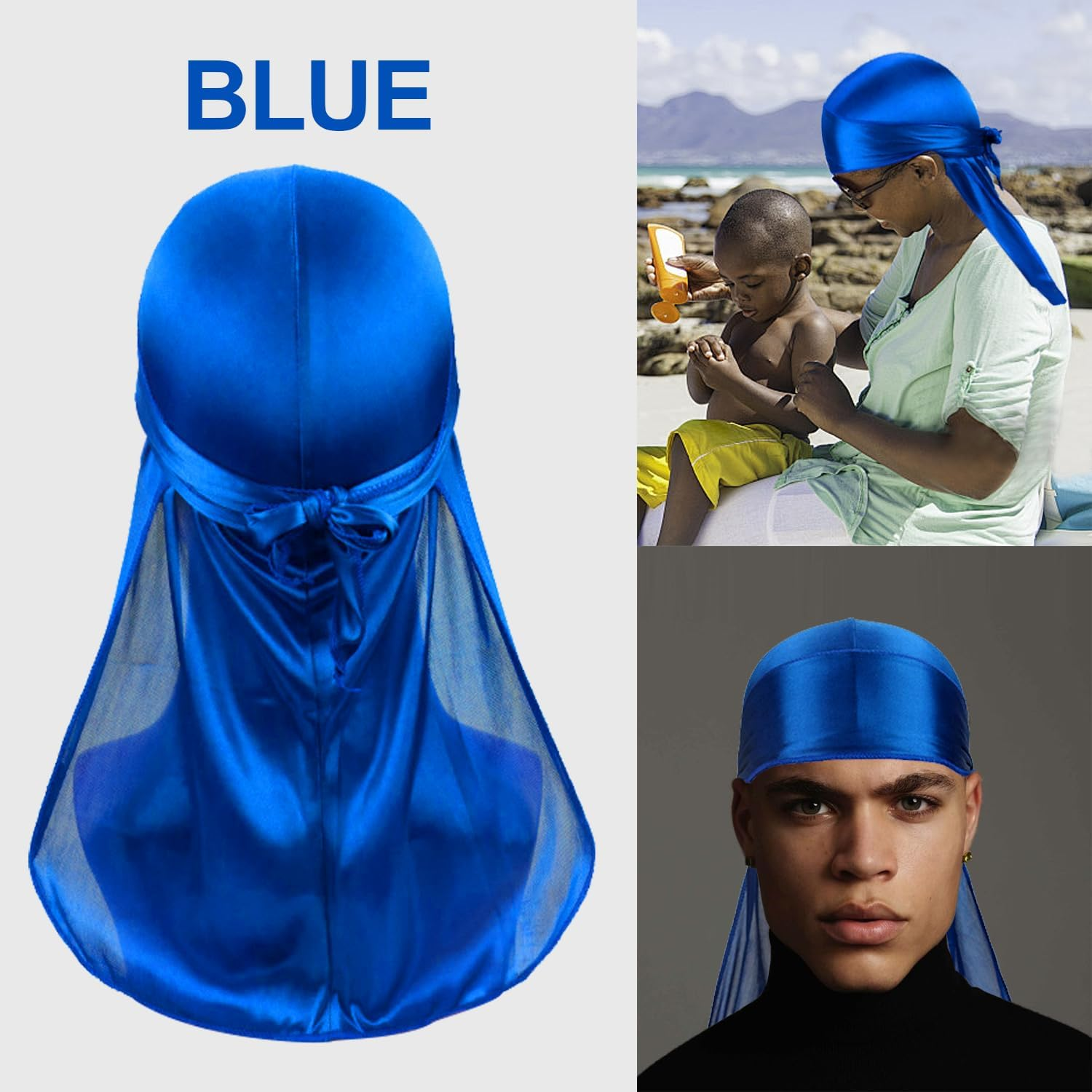 6 Pcs Silky Durag Headwraps Dorag for Men Women Waves, Durags Pack with Long Tail and Wide Straps, 6 Colors image number 2