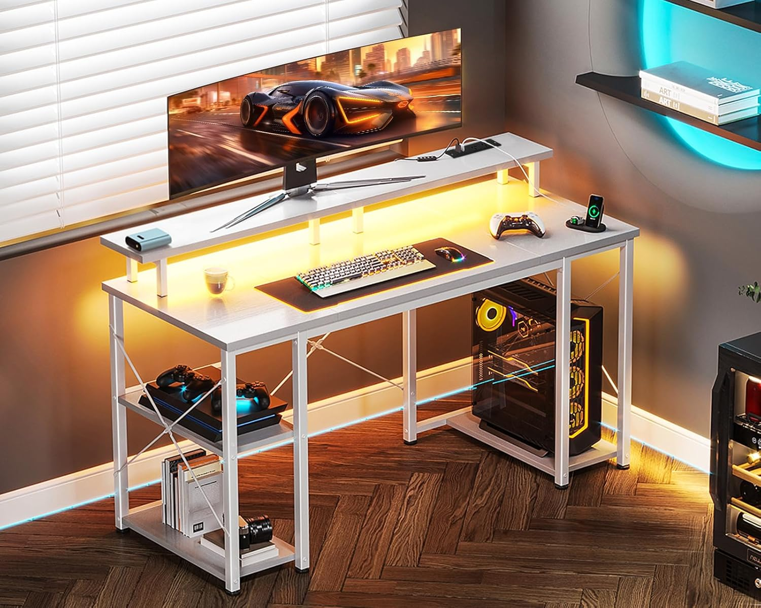 ODK Computer Desk with RGB Light Strip & Built-In Socket, Office Desk with Large Monitor Stand, Gaming Table with Monitor Stand, 120 * 50 * 86.8Cm,White image number 3