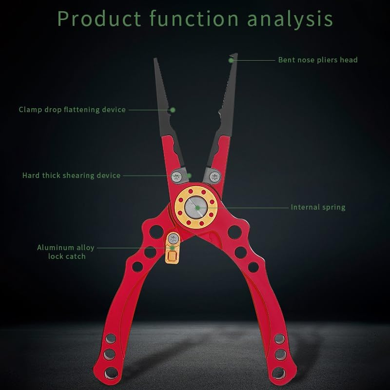 Aluminum Fishing Pliers Saltwater, Surf Fishing Tackle Kit, Fishing Multitool Hook Remover Braided Fishing Line Cutting and Split Ring with Coiled Lanyard and Sheath - Red image number 7
