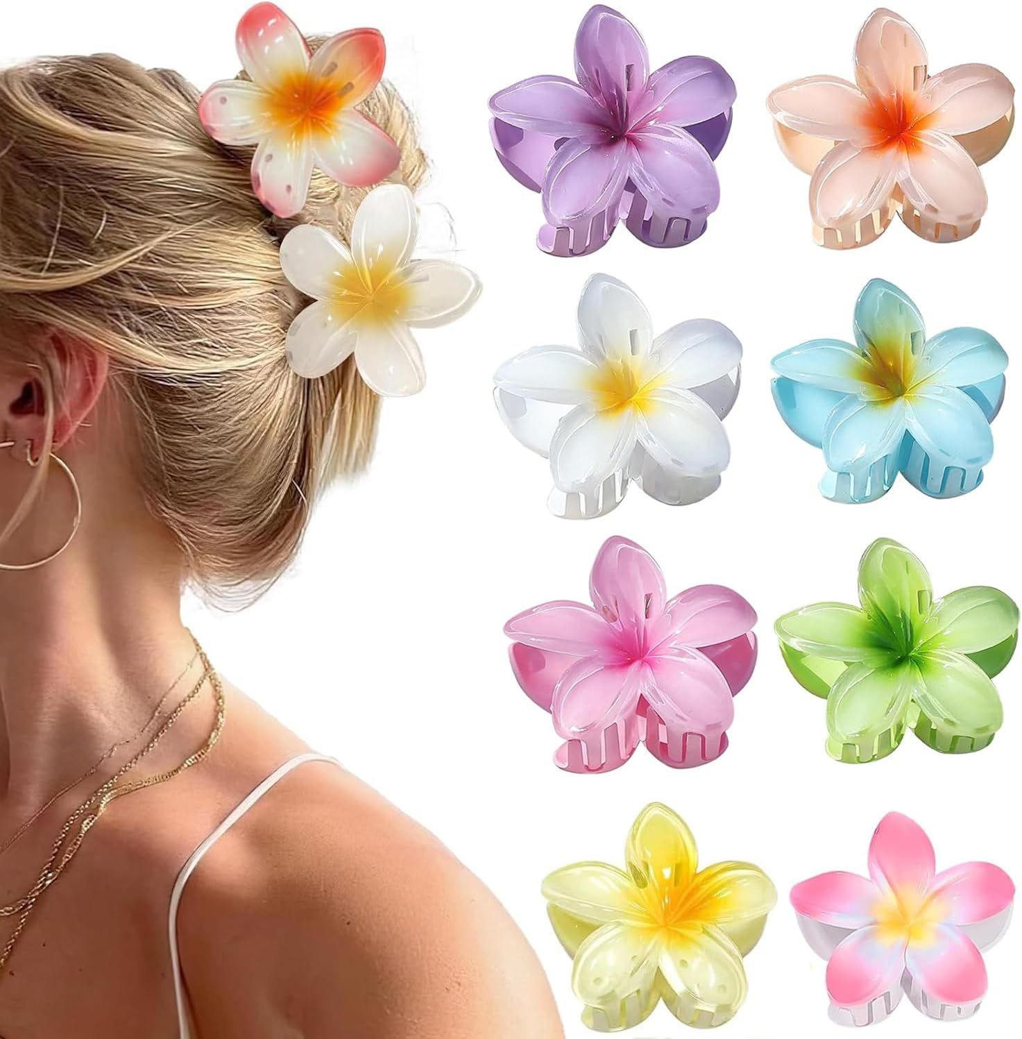 Flower Hair Clips, Pack of 8 Non-Slip Flower Hair Clips, Large Flower Hair Clip, Hawaiian Flower Claw Clips for Women, Thick, Thin Hair Styling Accessories (8 Colours) image number 5