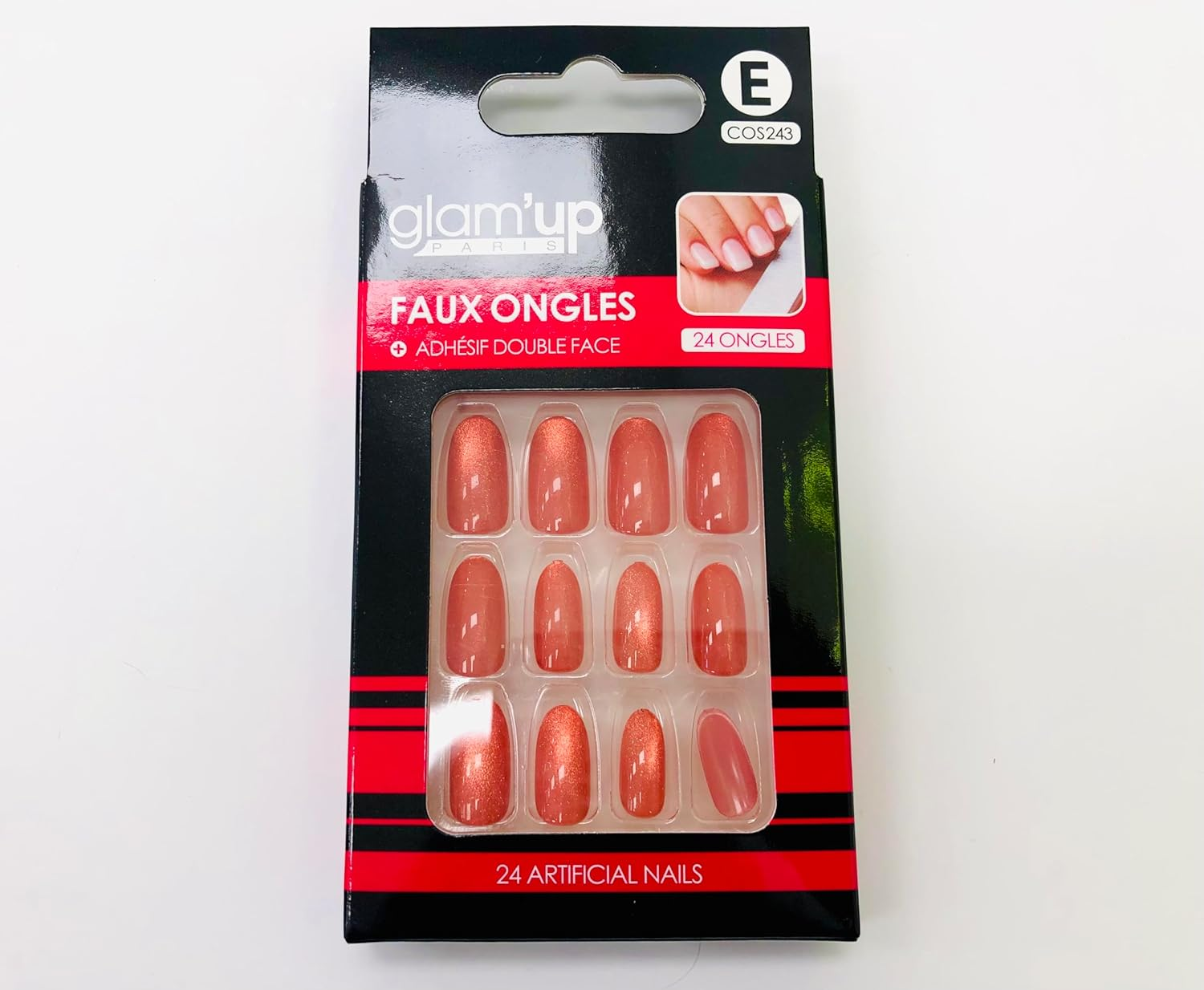Glam'Up Paris False Nails - Full Cover - Easy to Use - 24 False Nails per Box + Double Sided Tape - Almond Shape - No. 243 - Coral Red image number 2