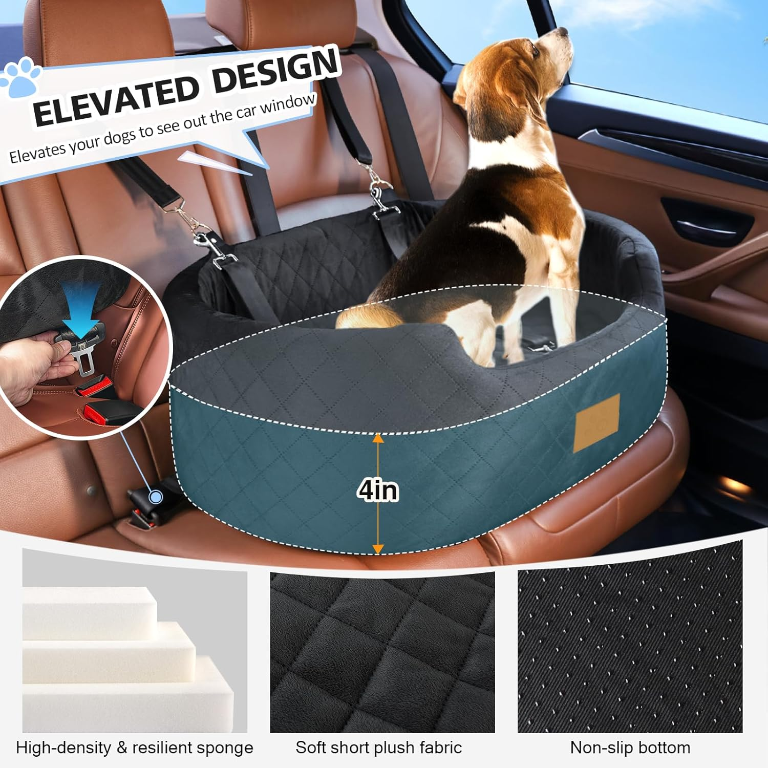 Dog Car Seat for Large/Medium Dog, Pet Car Seat for Dogs under 55 Lbs or 2 Small Dogs, Upgraded Dog Booster Seat, Detachable & Washable Travel Bed Dog Seat with Thick Cushion (Black) - Blackred image number 6